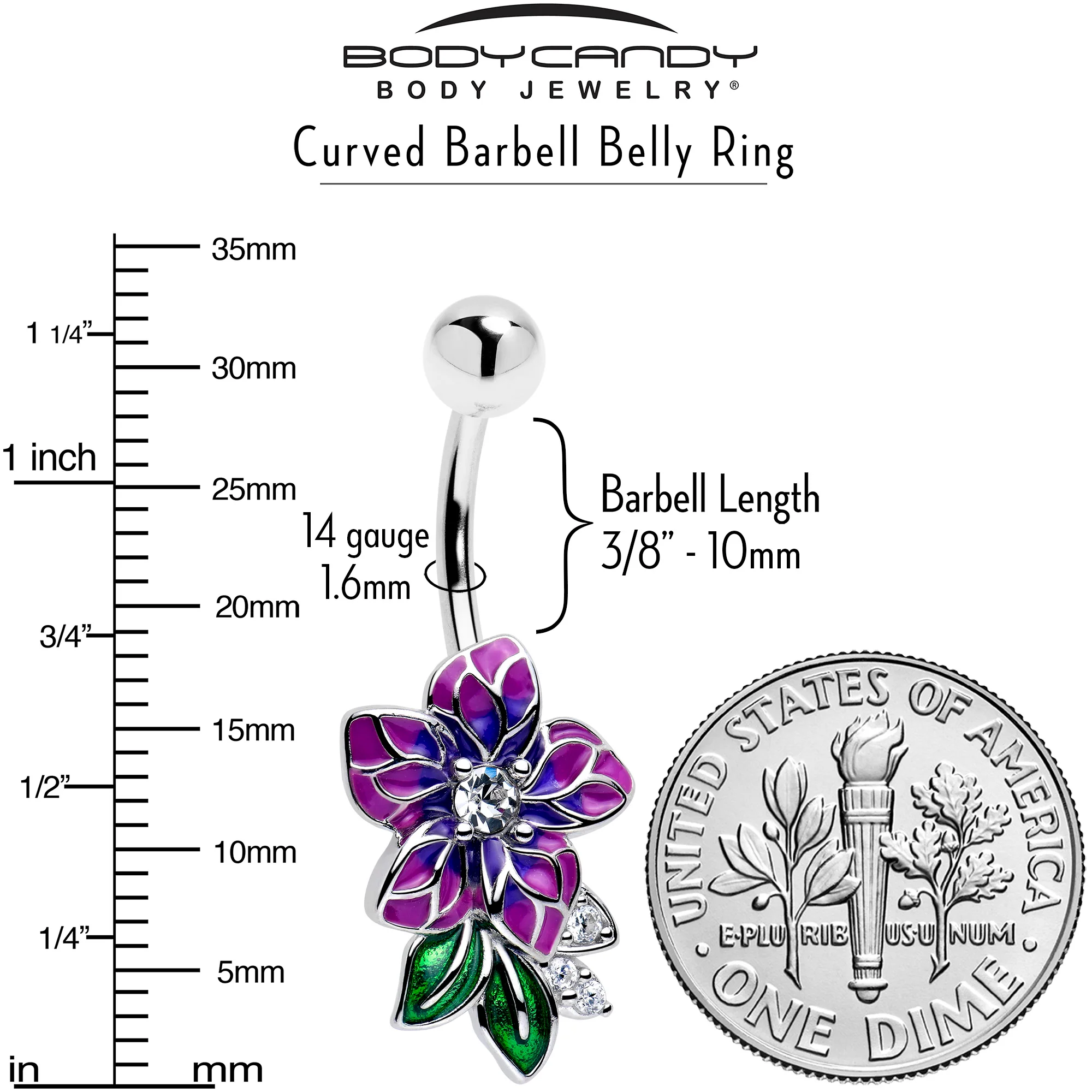 Clear CZ Gem Flower Purple Belly Ring - Image 3