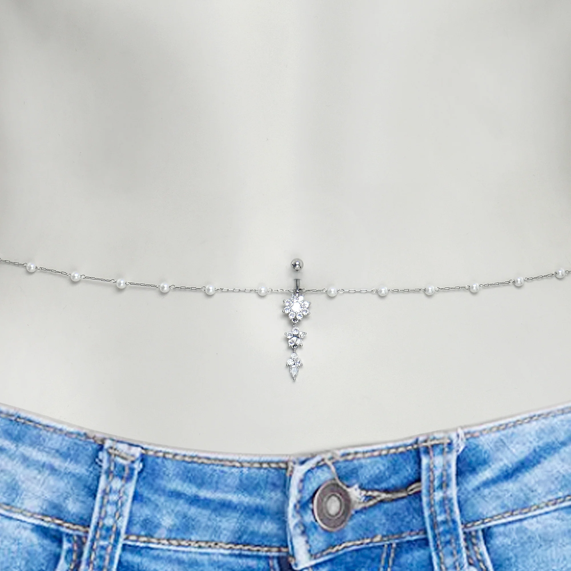 Clear CZ Gem Glamour Flower Faux Pearl Dangle Belly Ring Belly Chain - Image 2