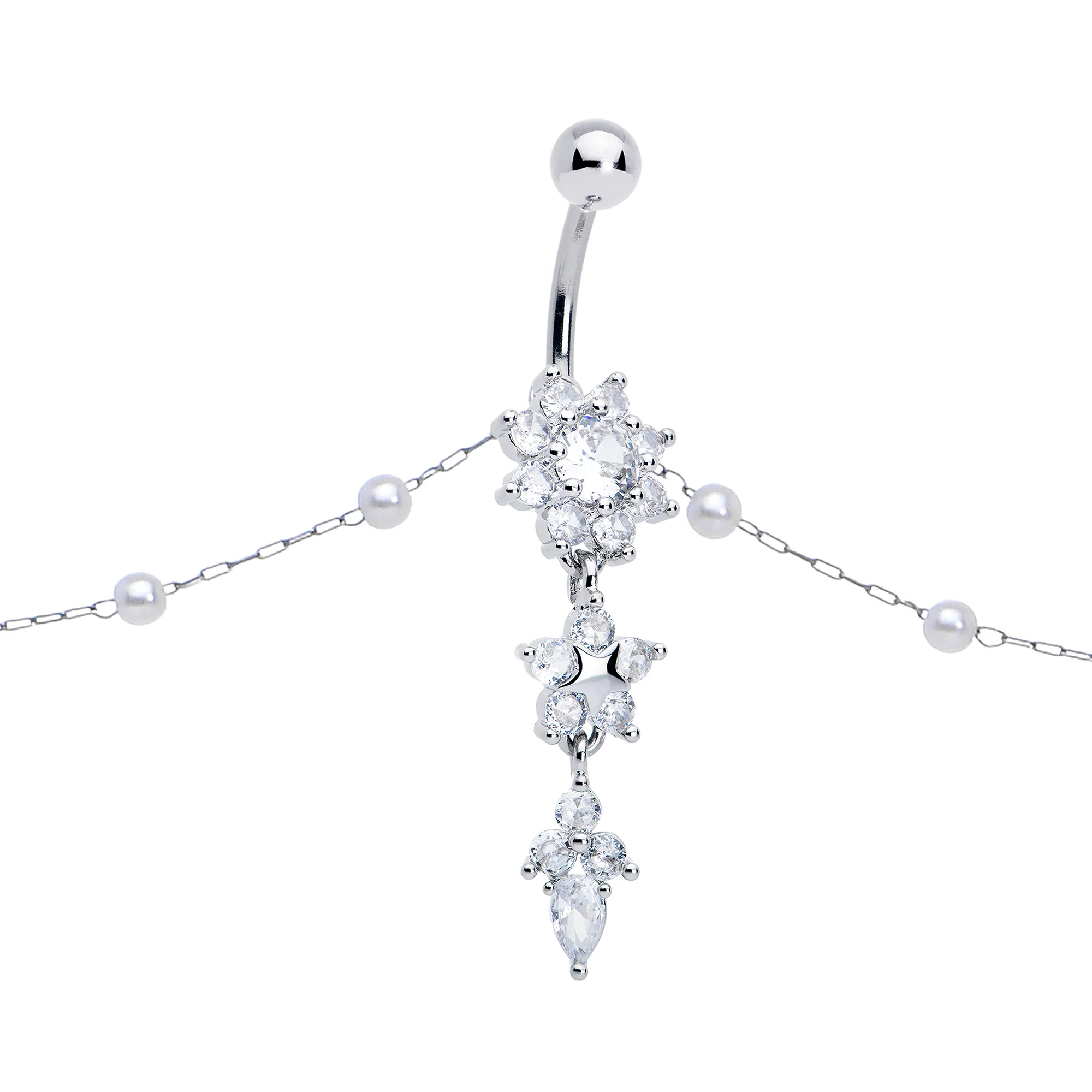 Clear CZ Gem Glamour Flower Faux Pearl Dangle Belly Ring Belly Chain - Image 3