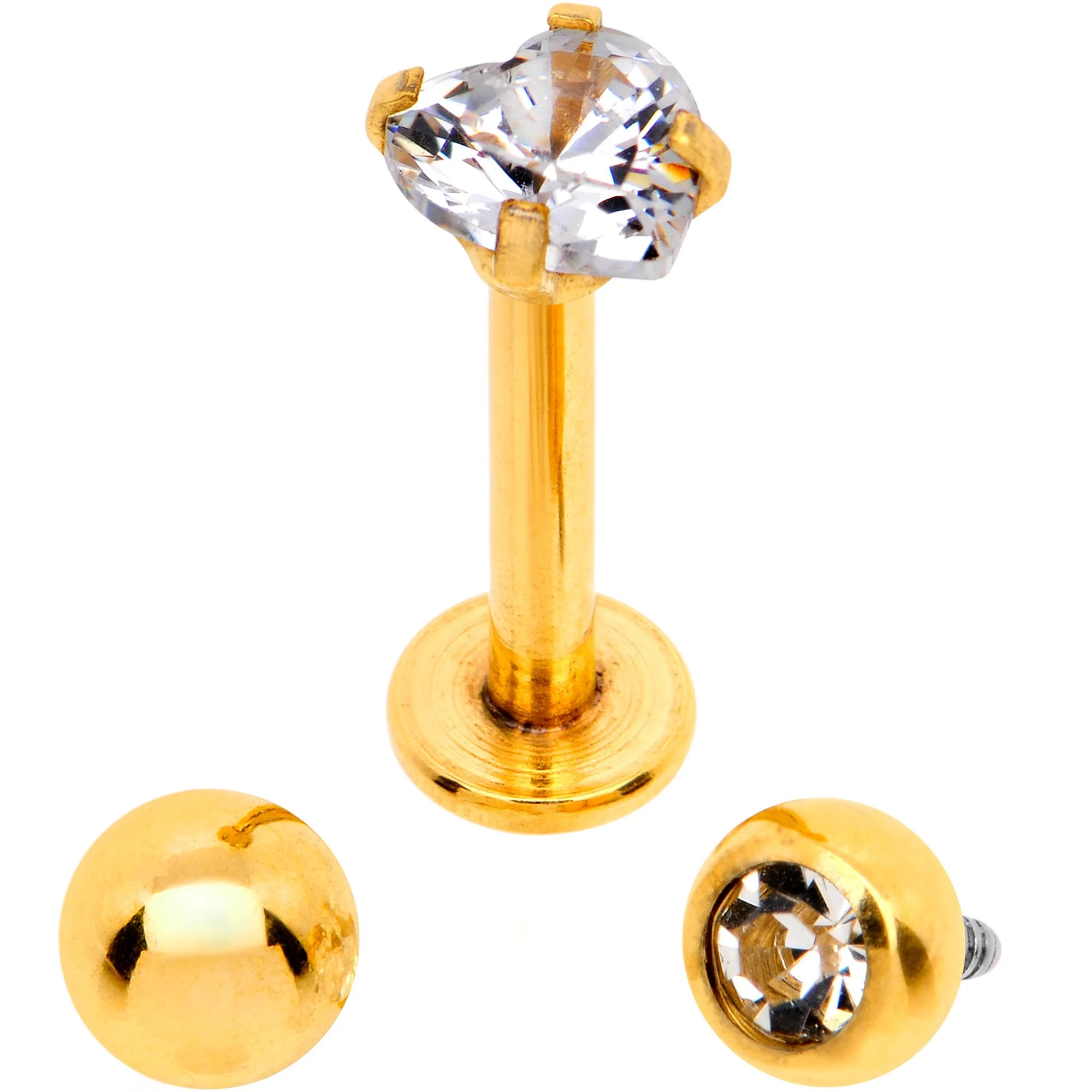 Clear CZ Gem Gold PVD Heart Internally Threaded Labret Set of 3 Ends - Image 3