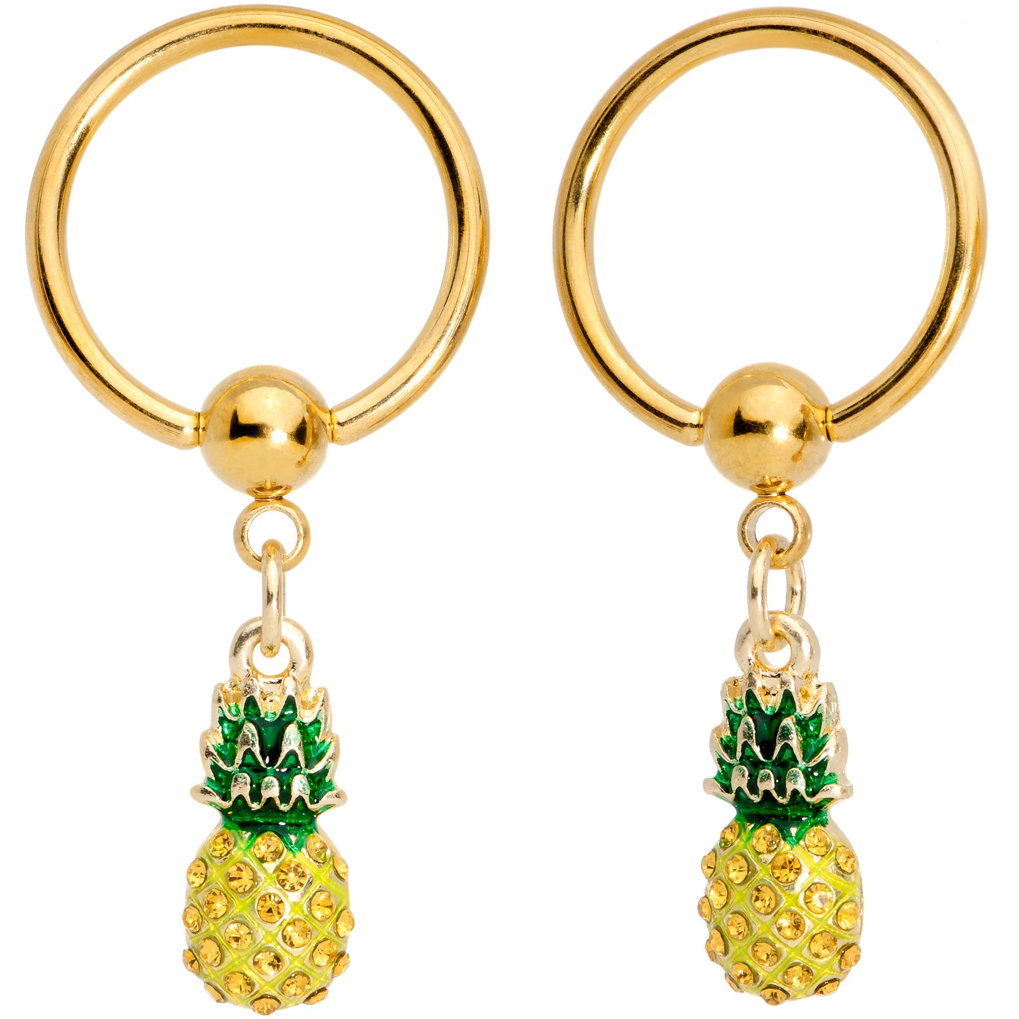 14G Clear CZ Gem Gold Tone Pineapple BCR Barbell Nipple Ring Set - Image 2