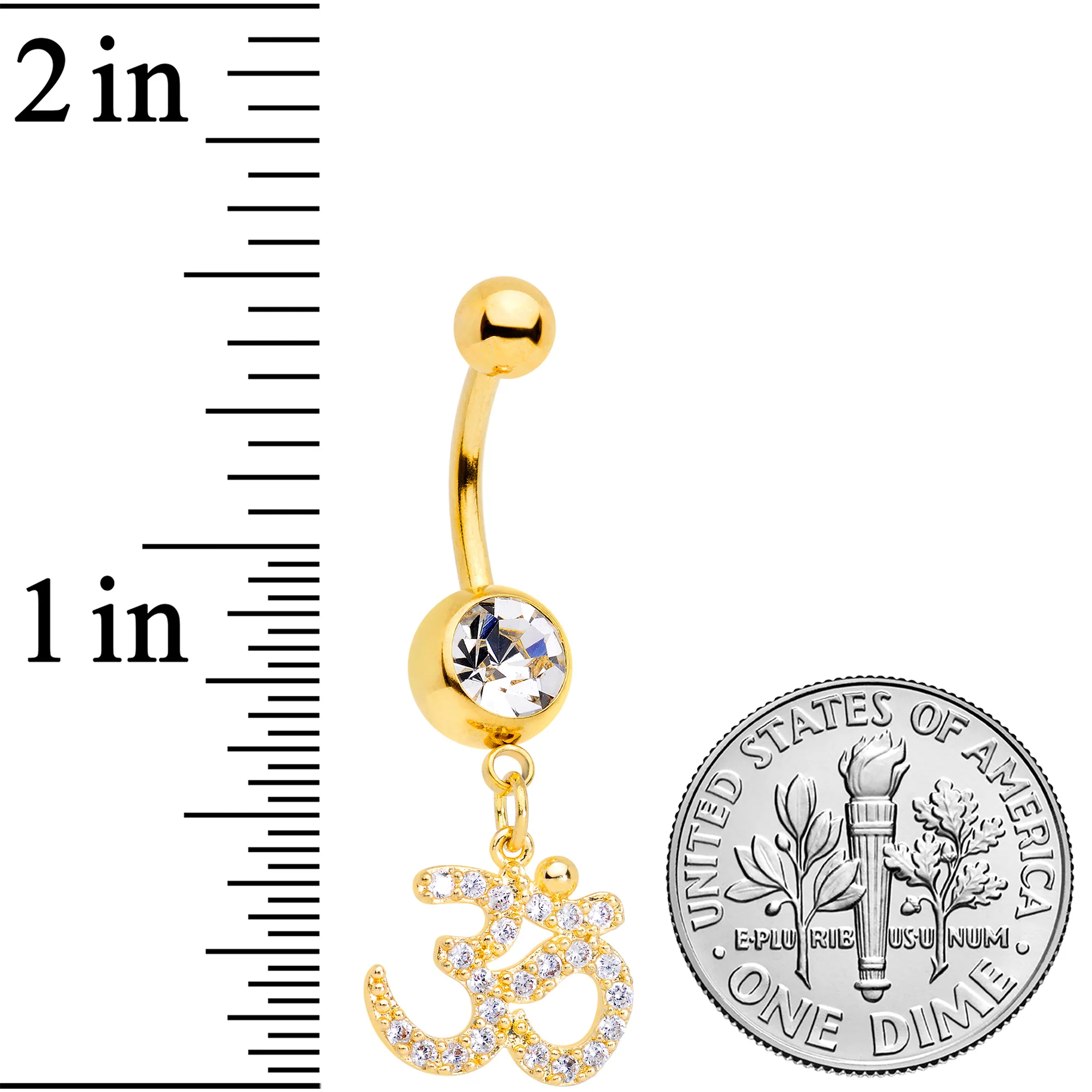 Clear CZ Gem Gold Tone Amazing Om Dangle Belly Ring - Image 2