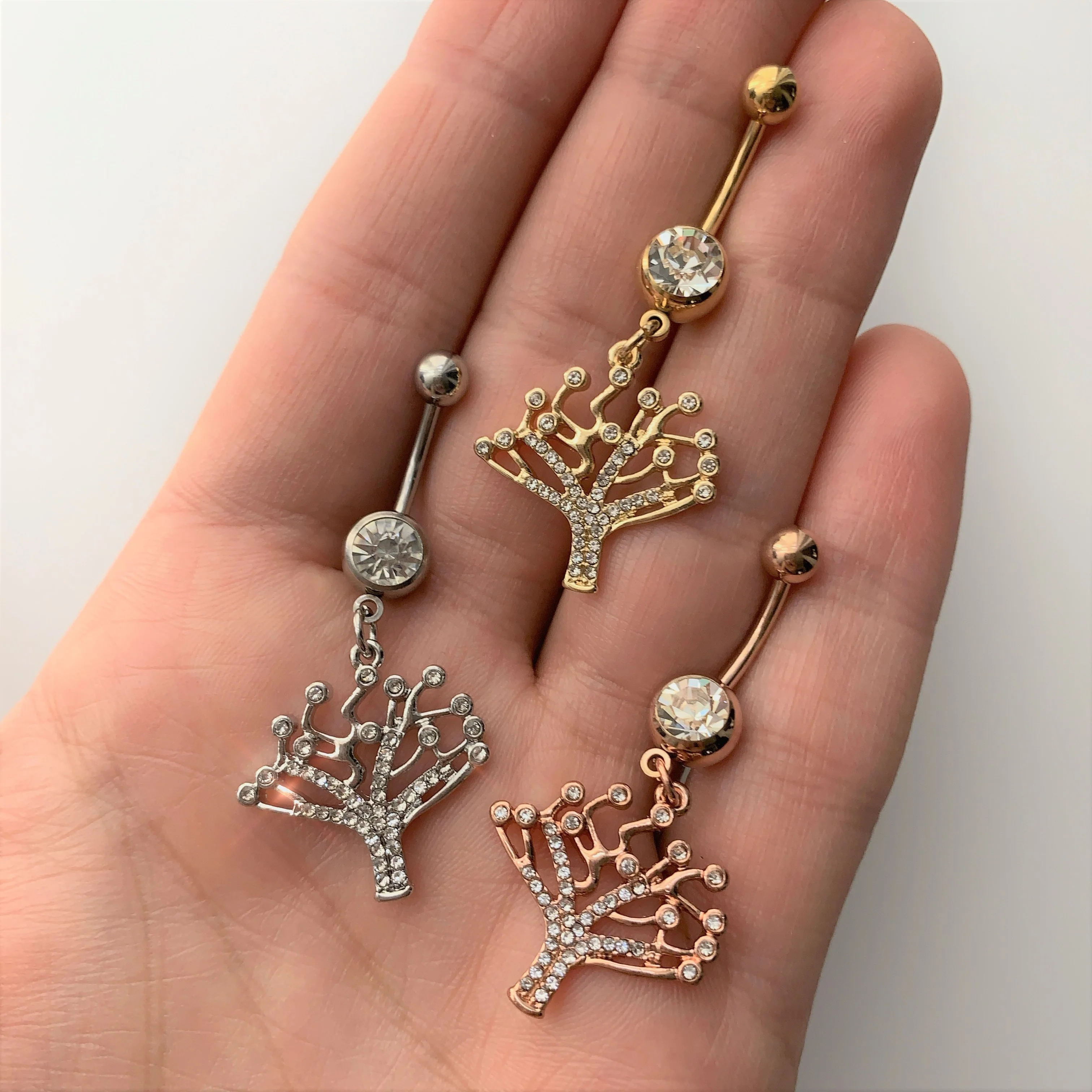 Clear CZ Gem Gold Tone Angular Tree of Life Dangle Belly Ring - Image 2