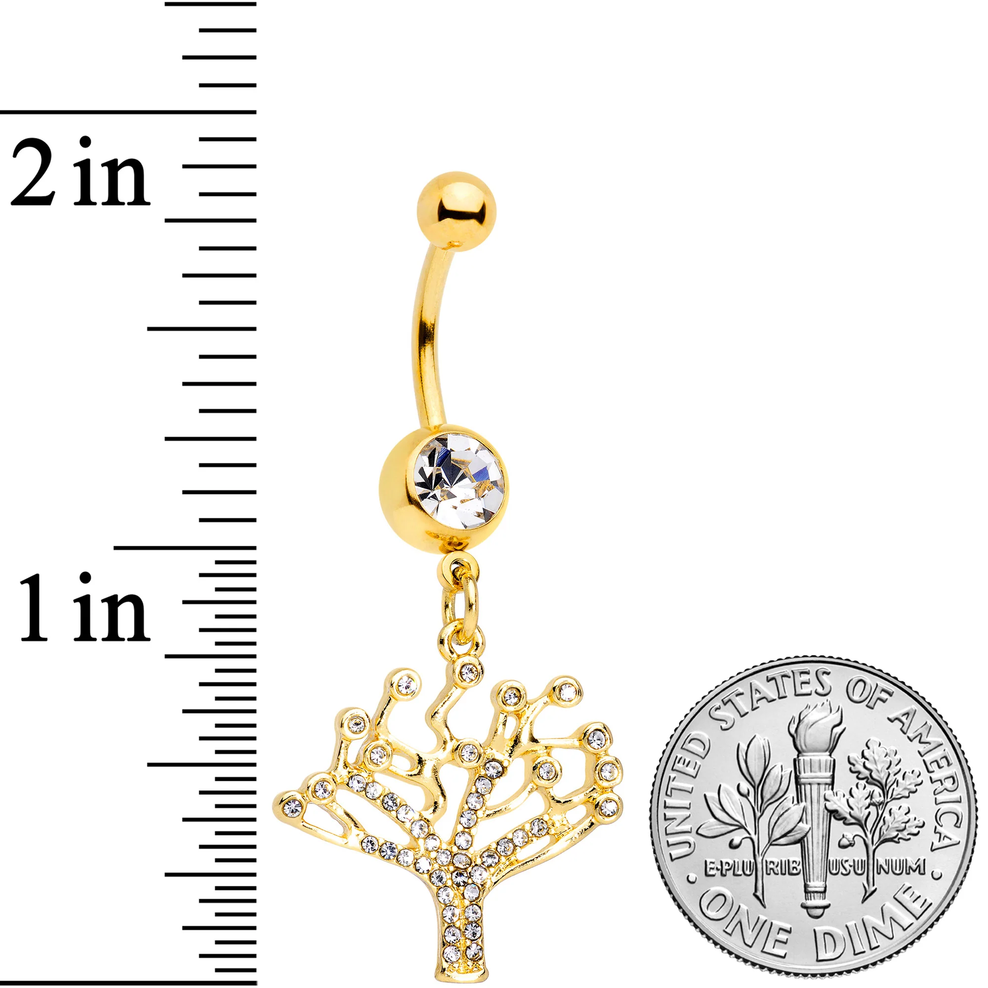Clear CZ Gem Gold Tone Angular Tree of Life Dangle Belly Ring - Image 3