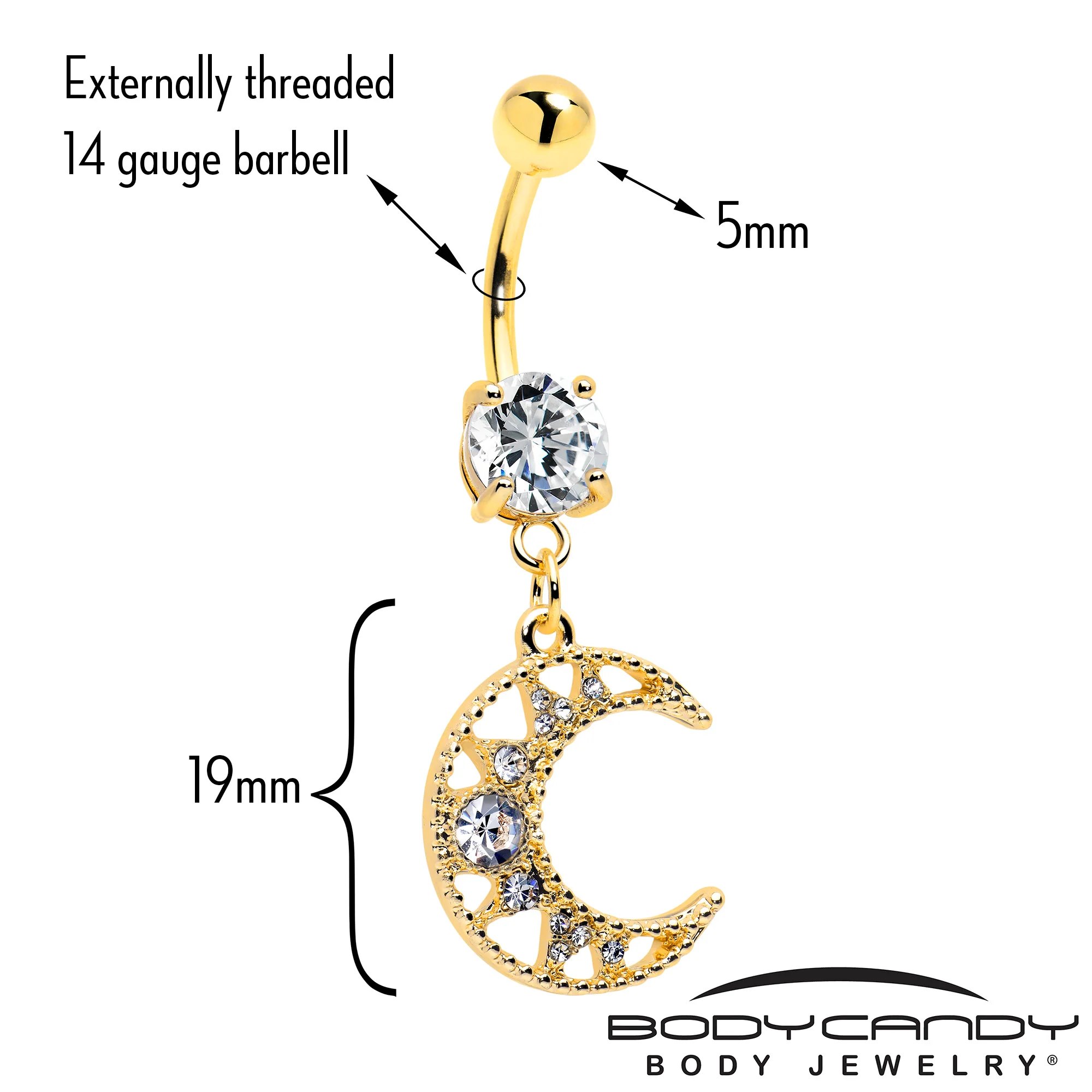 Clear CZ Gem Gold Tone Anodized Crescent Moon Glam Dangle Belly Ring - Image 2