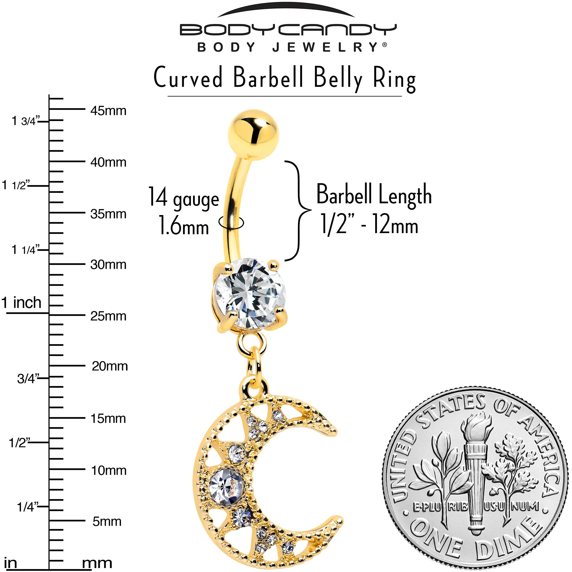 Clear CZ Gem Gold Tone Anodized Crescent Moon Glam Dangle Belly Ring - Image 3