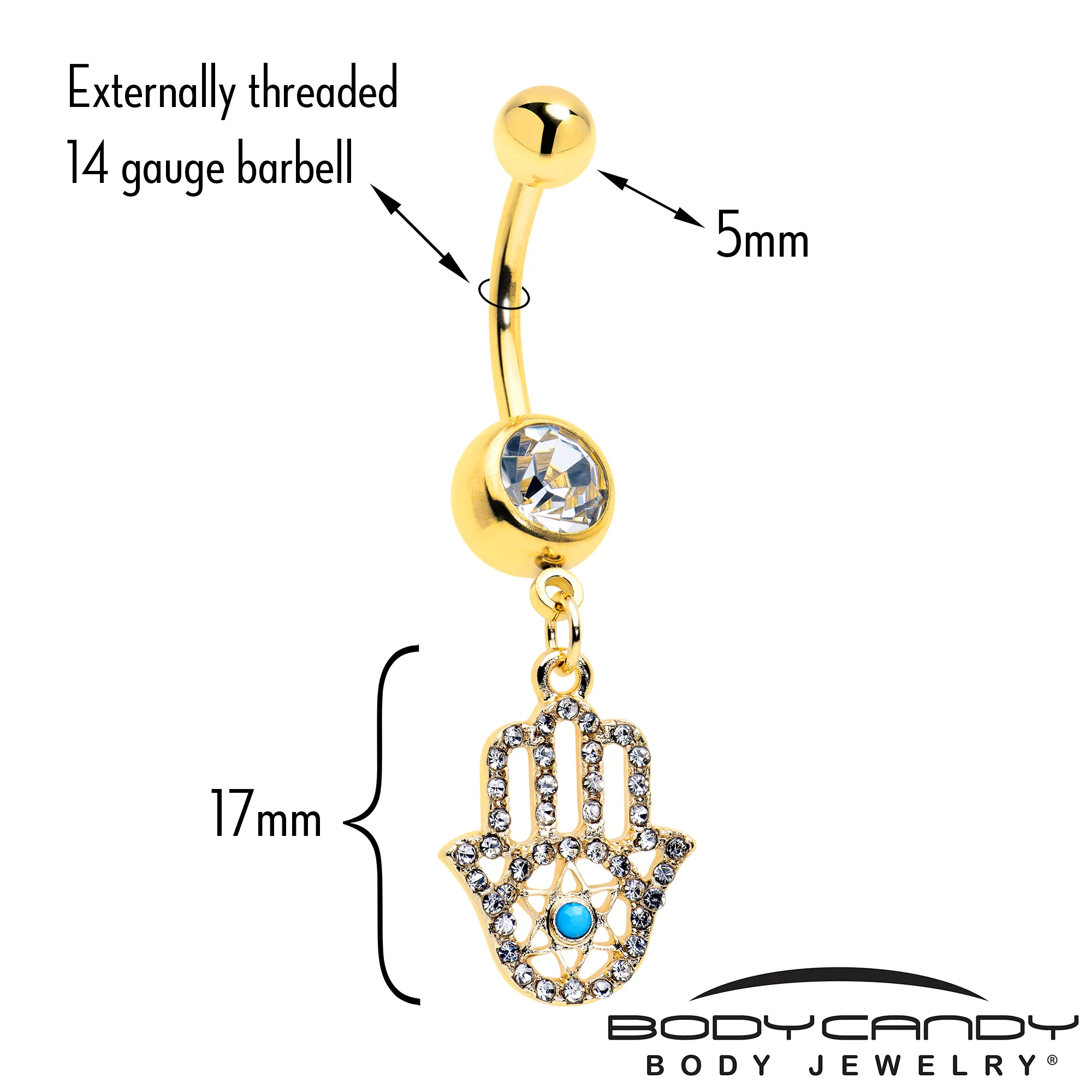 Clear CZ Gem Gold Tone Anodized Hamsa Hand Star Dangle Belly Ring - Image 2