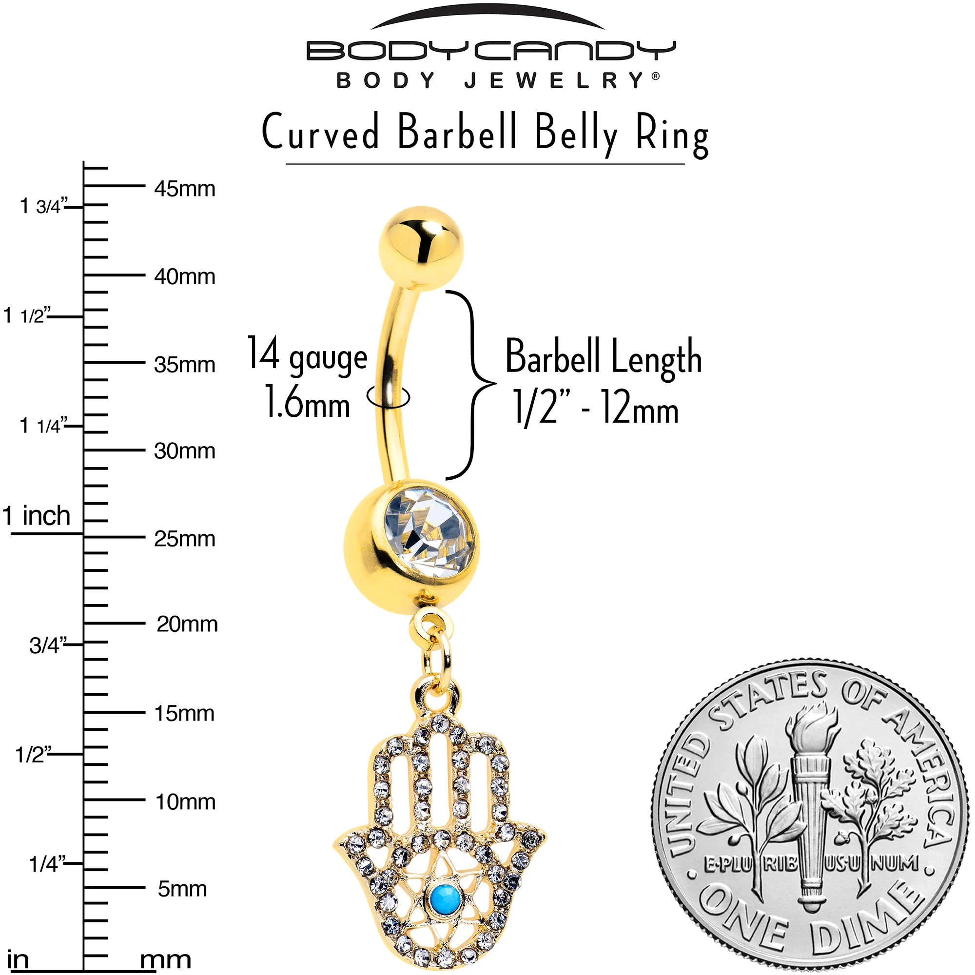 Clear CZ Gem Gold Tone Anodized Hamsa Hand Star Dangle Belly Ring - Image 3