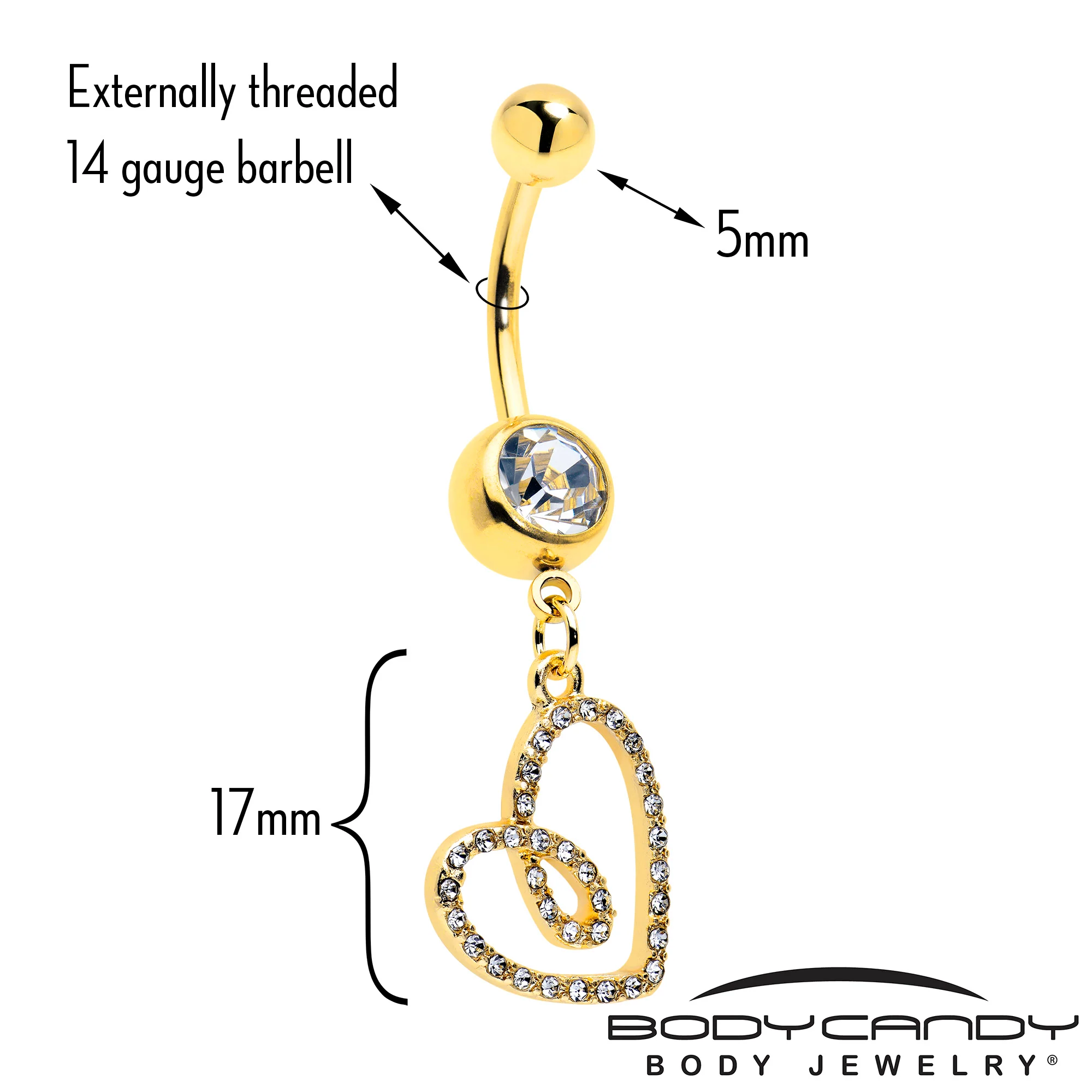 Clear CZ Gem Gold Tone Anodized Loopy Heart Dangle Belly Ring - Image 2
