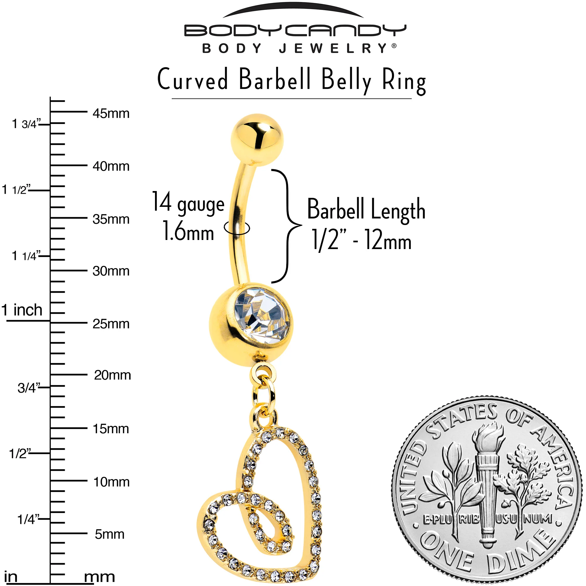Clear CZ Gem Gold Tone Anodized Loopy Heart Dangle Belly Ring - Image 3