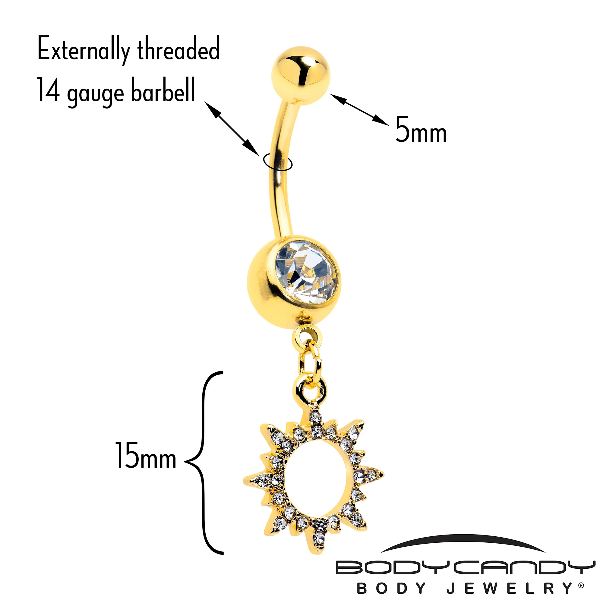 Clear CZ Gem Gold Tone Anodized Open Sun Dangle Belly Ring - Image 2