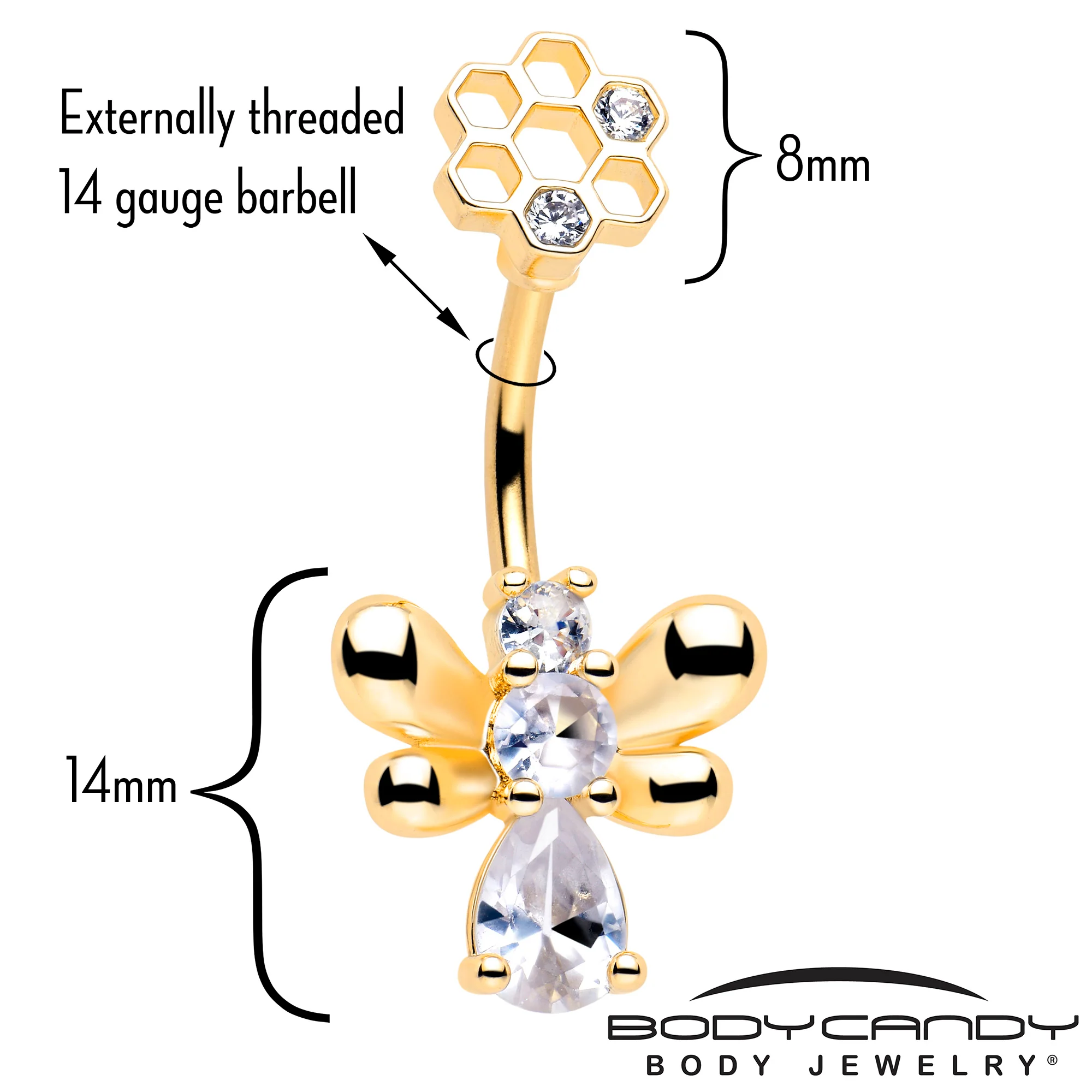 Clear CZ Gem Gold Tone Bee Hive Luv Double Mount Belly Ring - Image 2