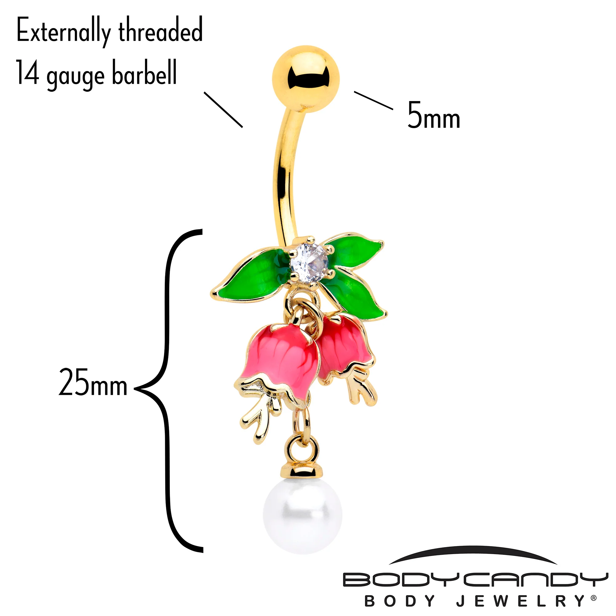 Clear CZ Gem Gold Tone Bell Flower Dangle Belly Ring - Image 2