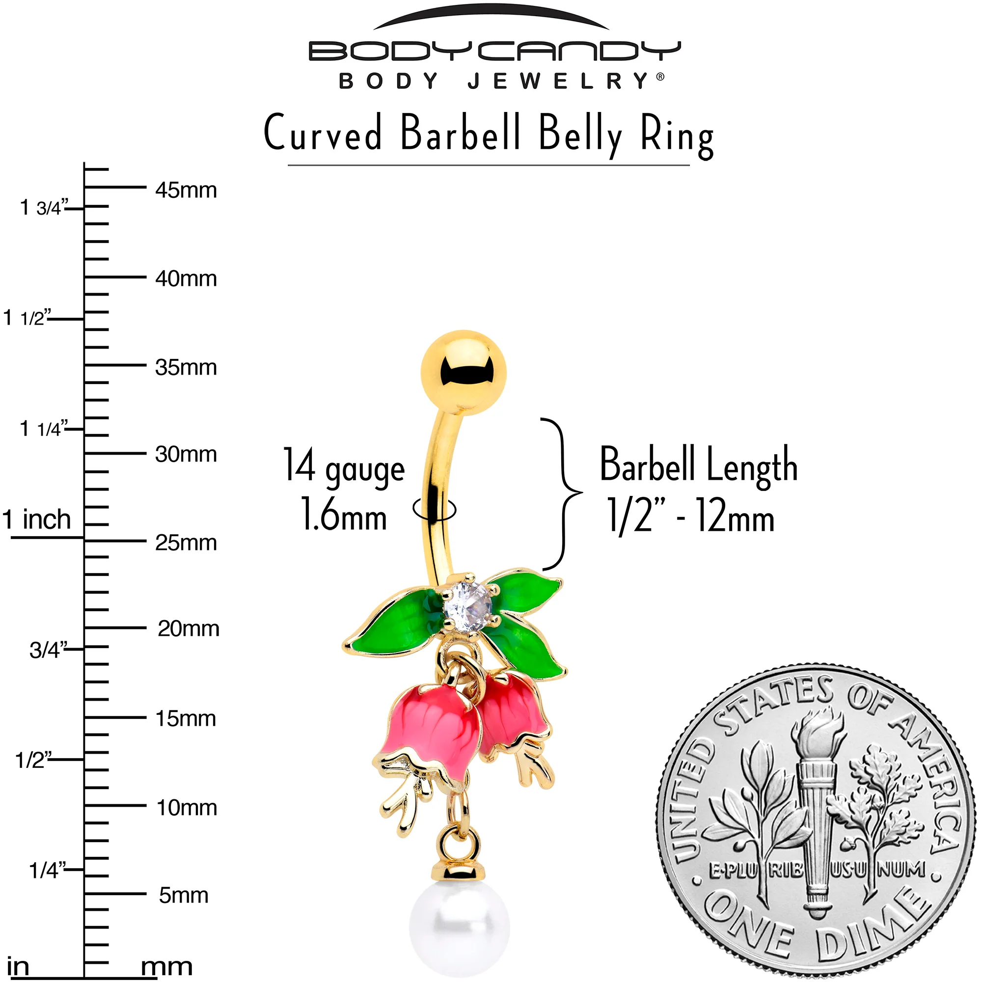 Clear CZ Gem Gold Tone Bell Flower Dangle Belly Ring - Image 3