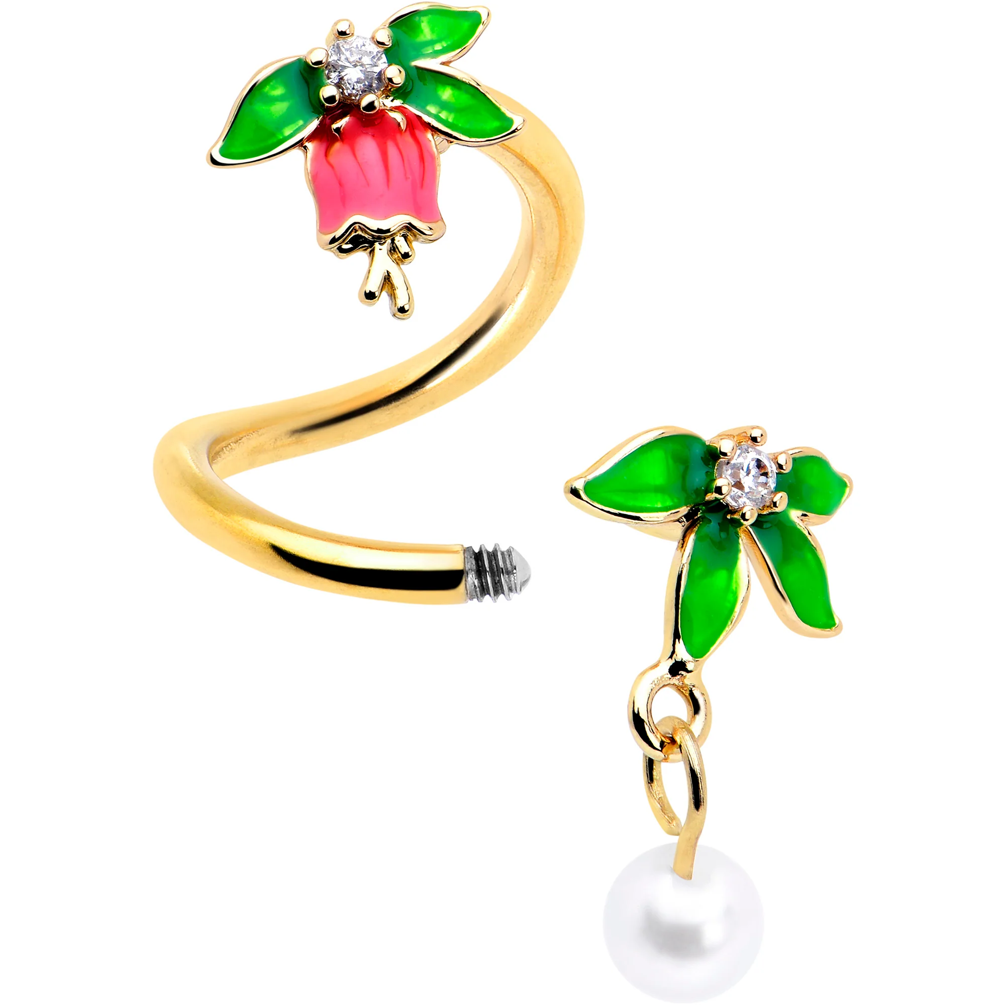 Clear CZ Gem Gold Tone Bell Flower Spiral Twister Belly Ring - Image 2