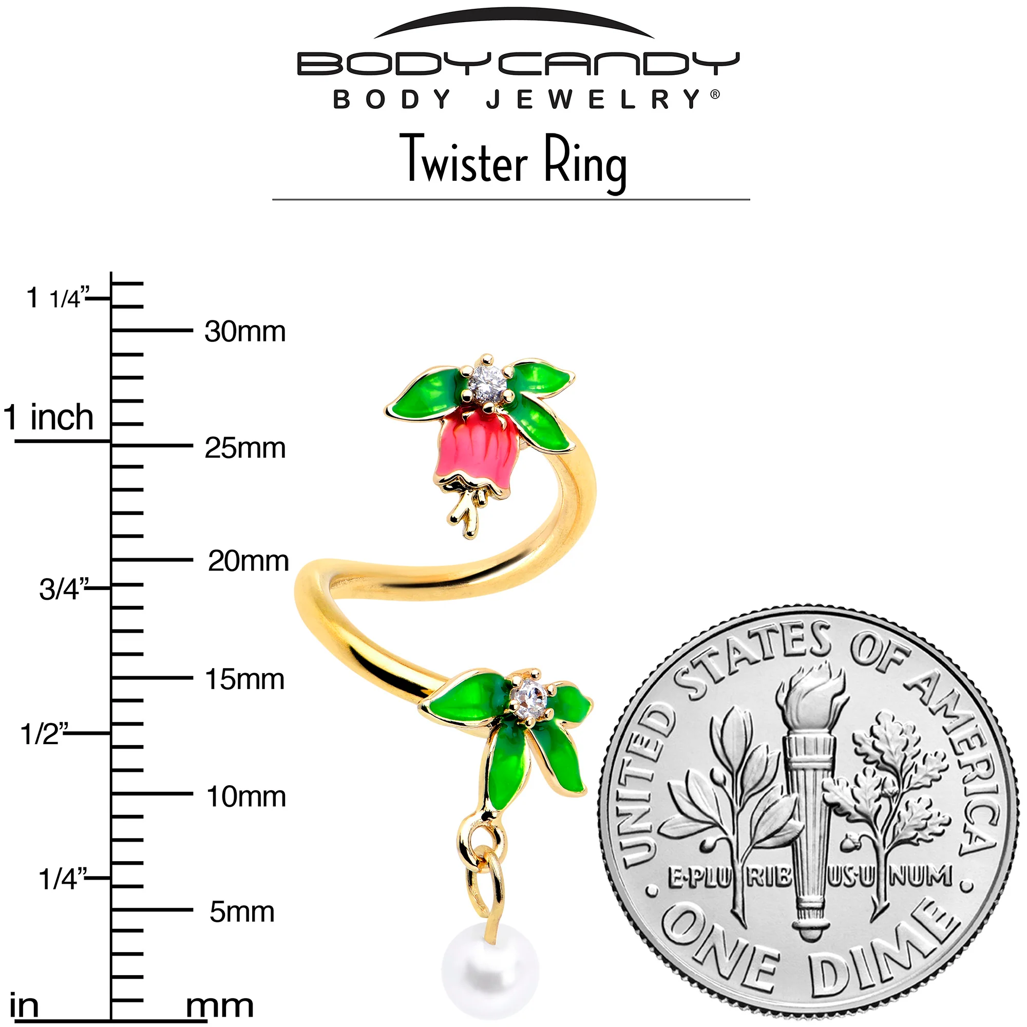 Clear CZ Gem Gold Tone Bell Flower Spiral Twister Belly Ring - Image 4