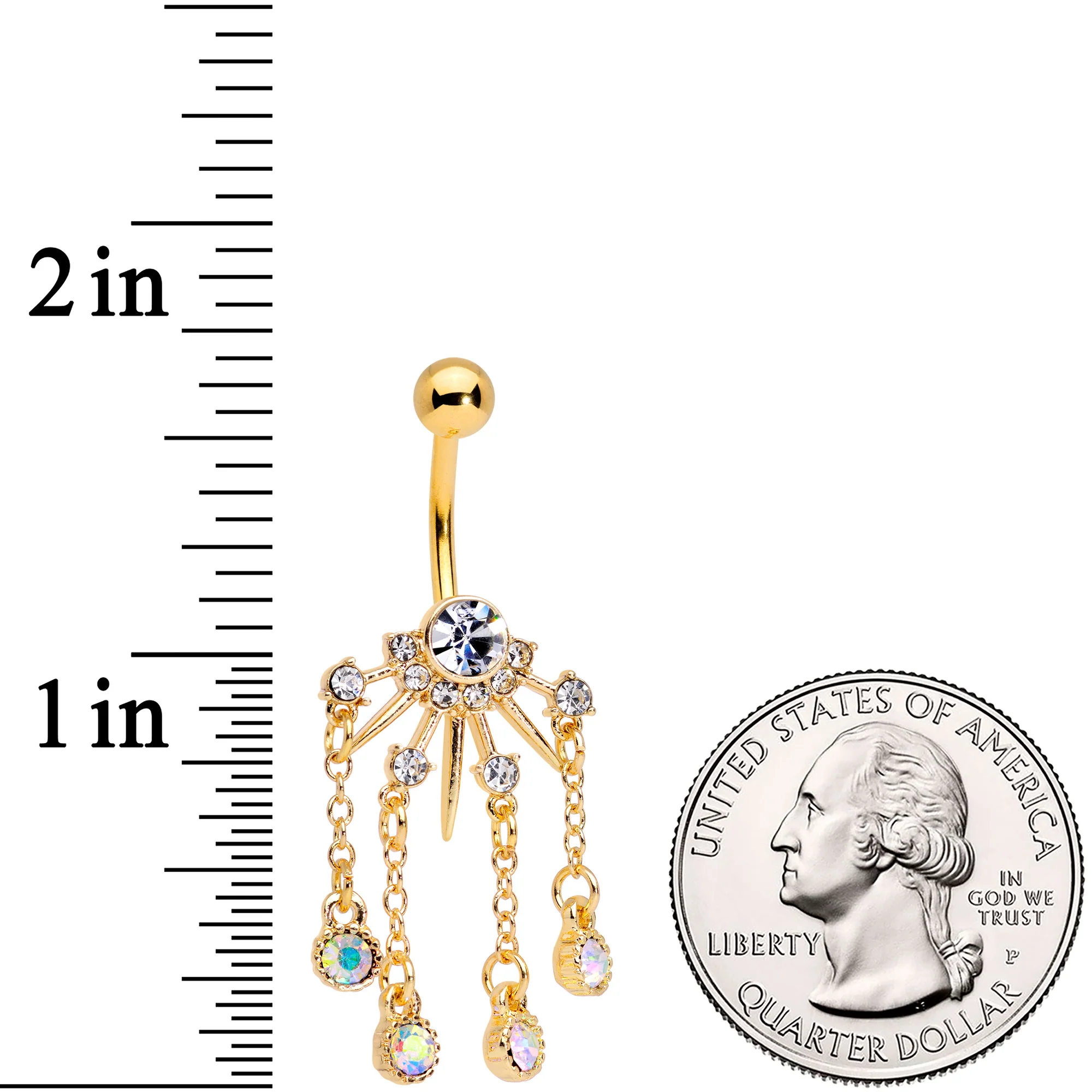 Clear CZ Gem Gold Tone Elegant Crest Dangle Belly Ring - Image 2