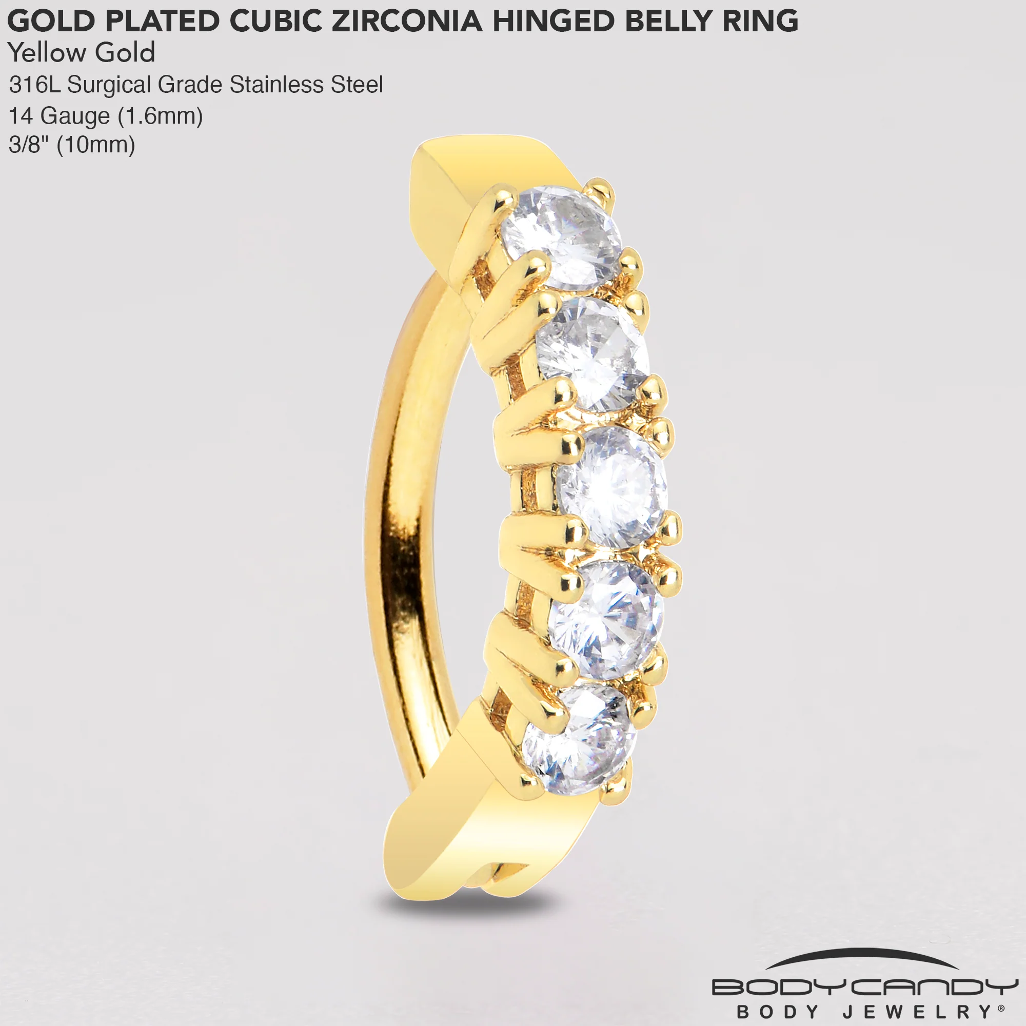 Clear CZ Gem Gold Tone Glamour Quintet Hinged Hoop Belly Ring - Image 6