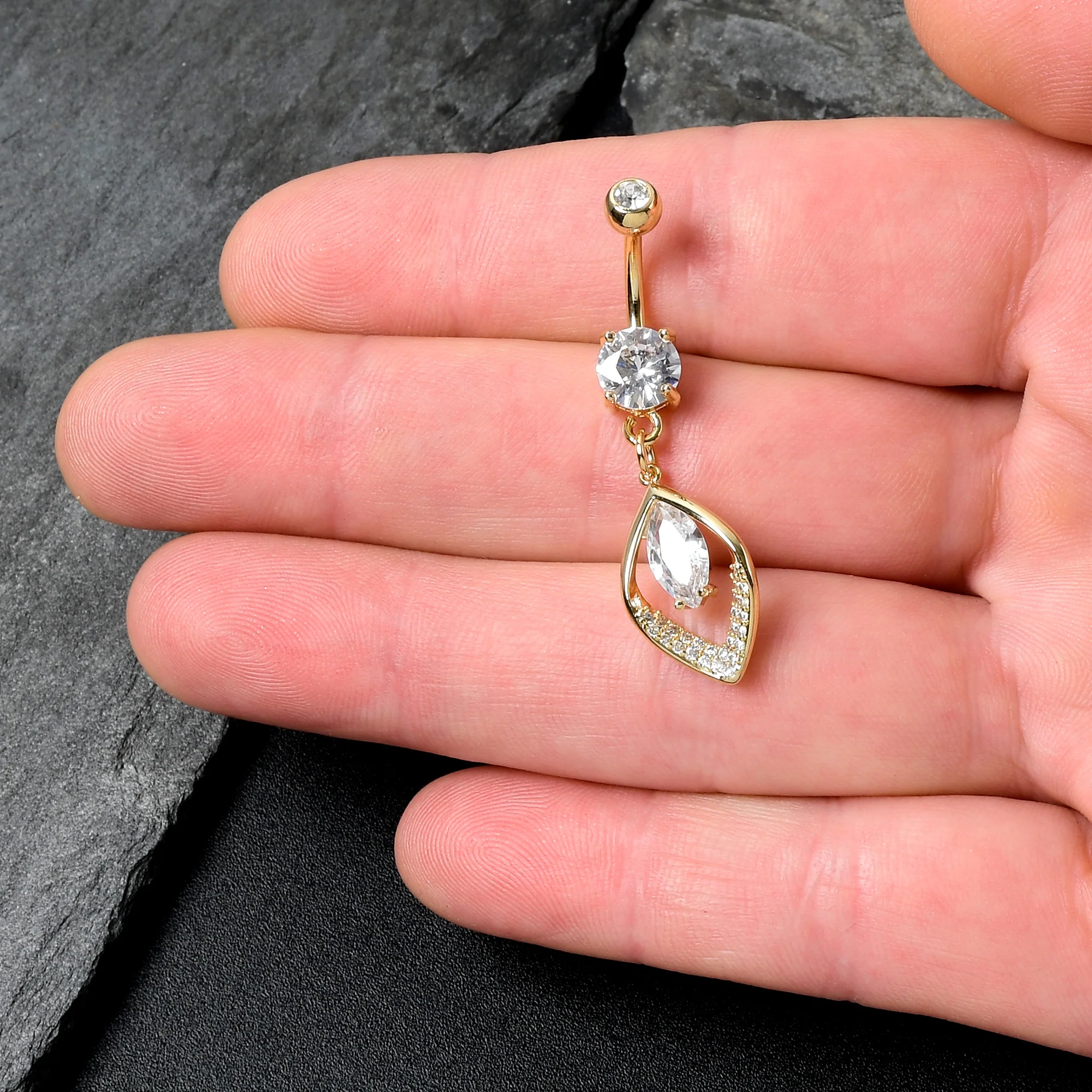 Clear CZ Gem Gold Tone Lush Leaf Dangle Belly Ring - Image 2