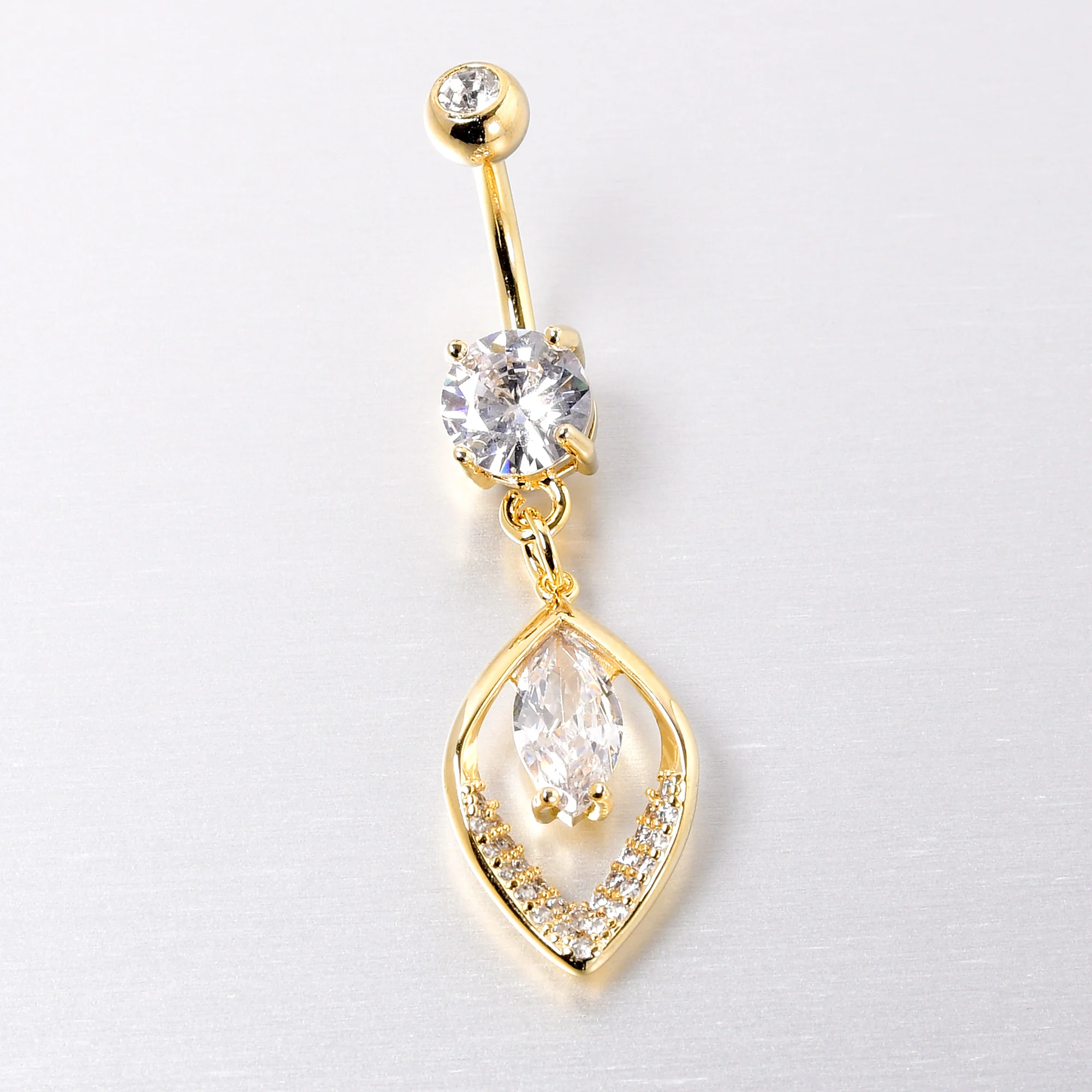 Clear CZ Gem Gold Tone Lush Leaf Dangle Belly Ring - Image 3