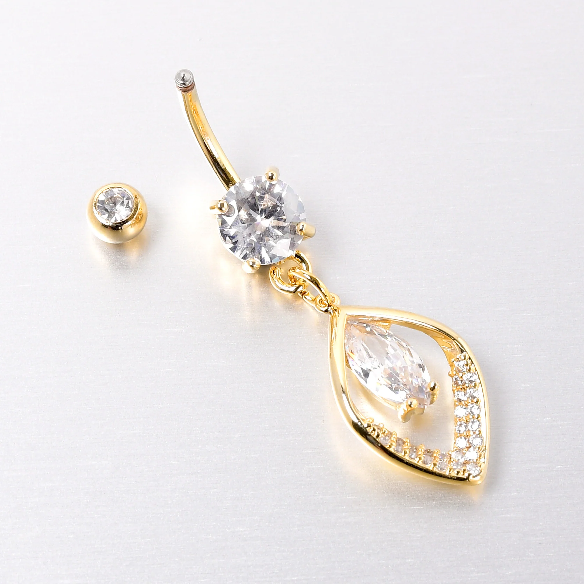 Clear CZ Gem Gold Tone Lush Leaf Dangle Belly Ring - Image 4