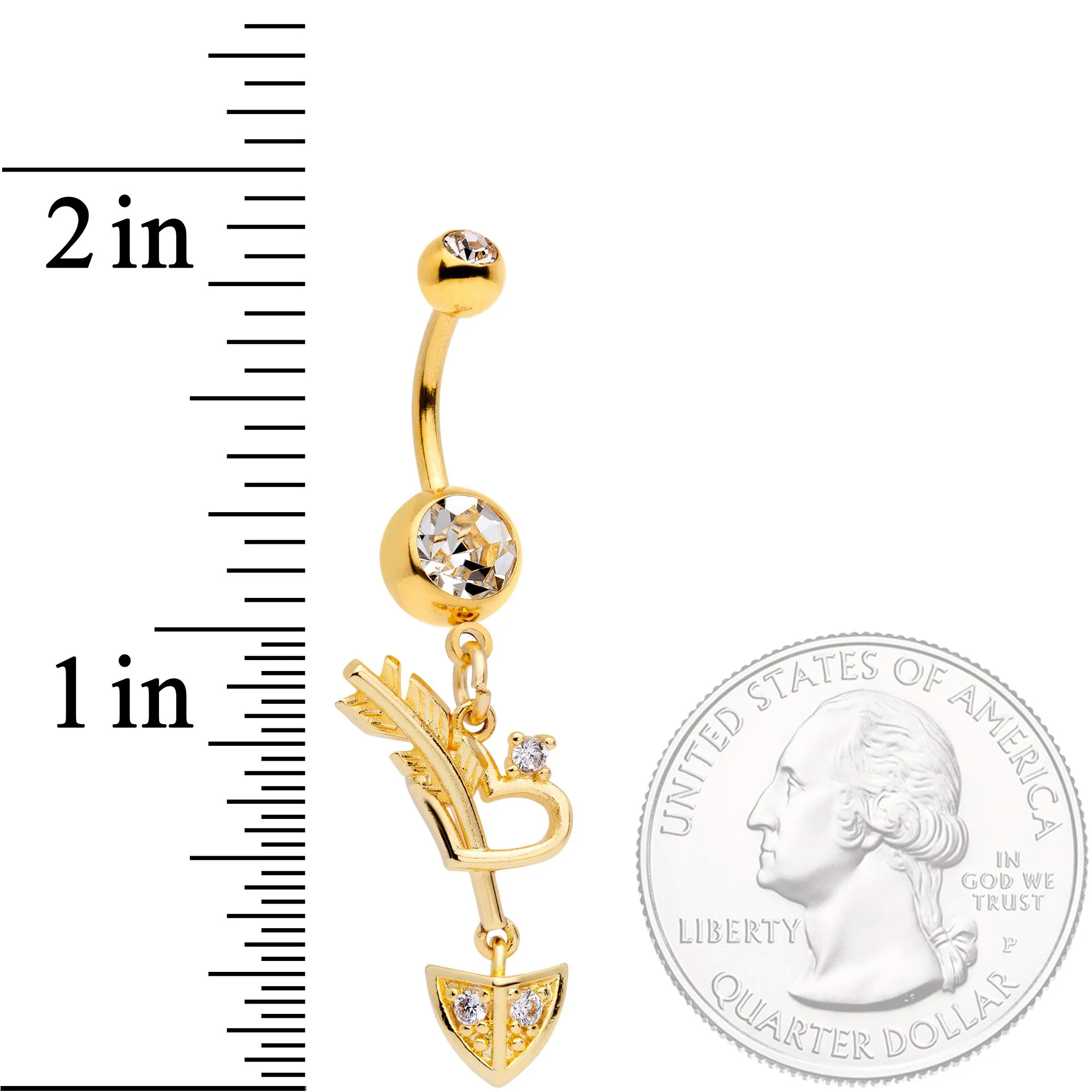 Clear CZ Gem Gold Tone Open Heart Arrow Dangle Belly Ring - Image 2