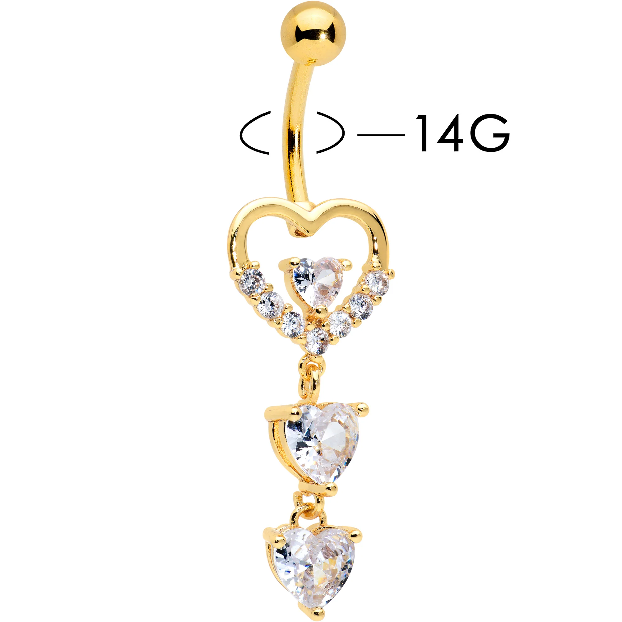 Clear CZ Gem Gold Tone Opulent Heart Quartet Dangle Belly Ring - Image 2