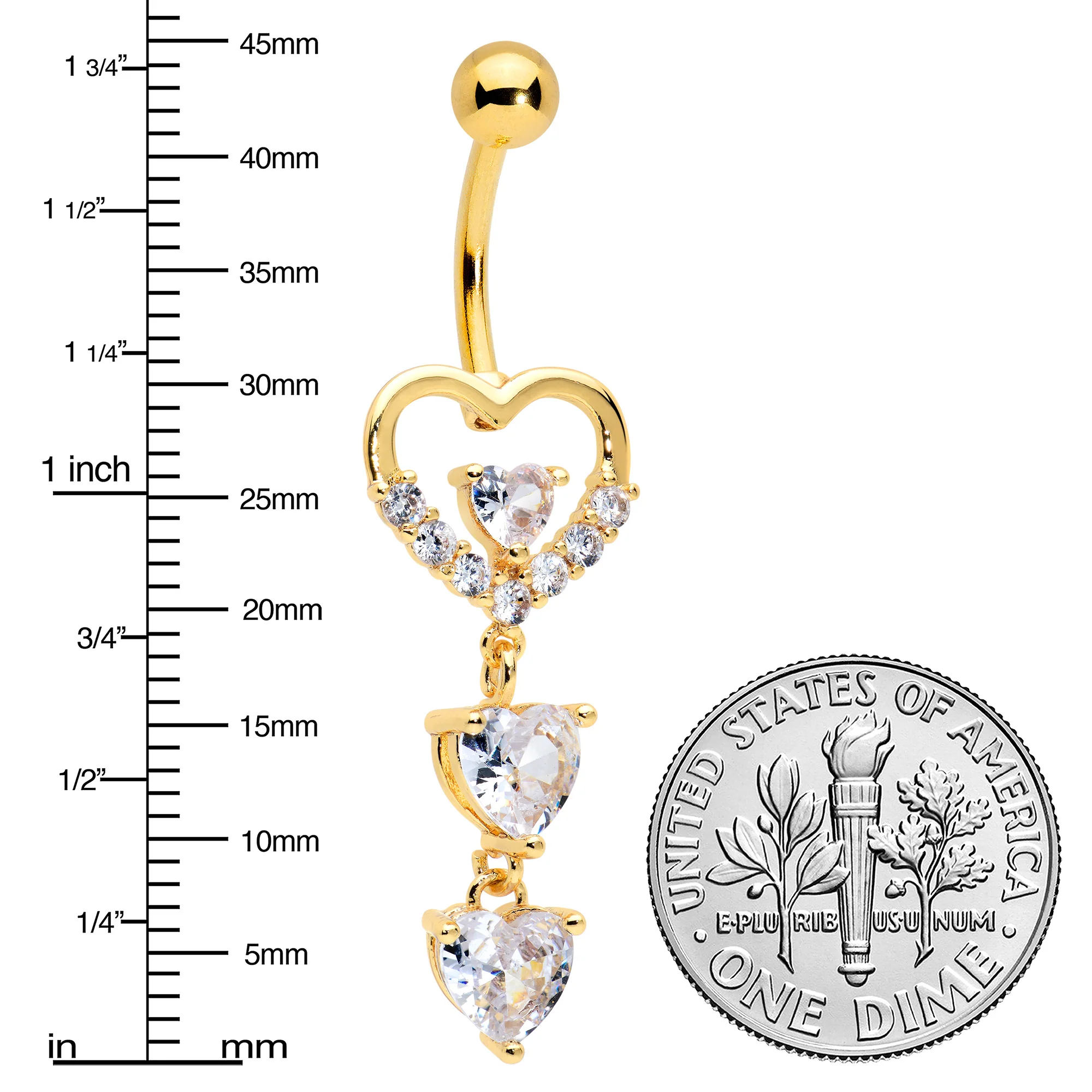Clear CZ Gem Gold Tone Opulent Heart Quartet Dangle Belly Ring - Image 3