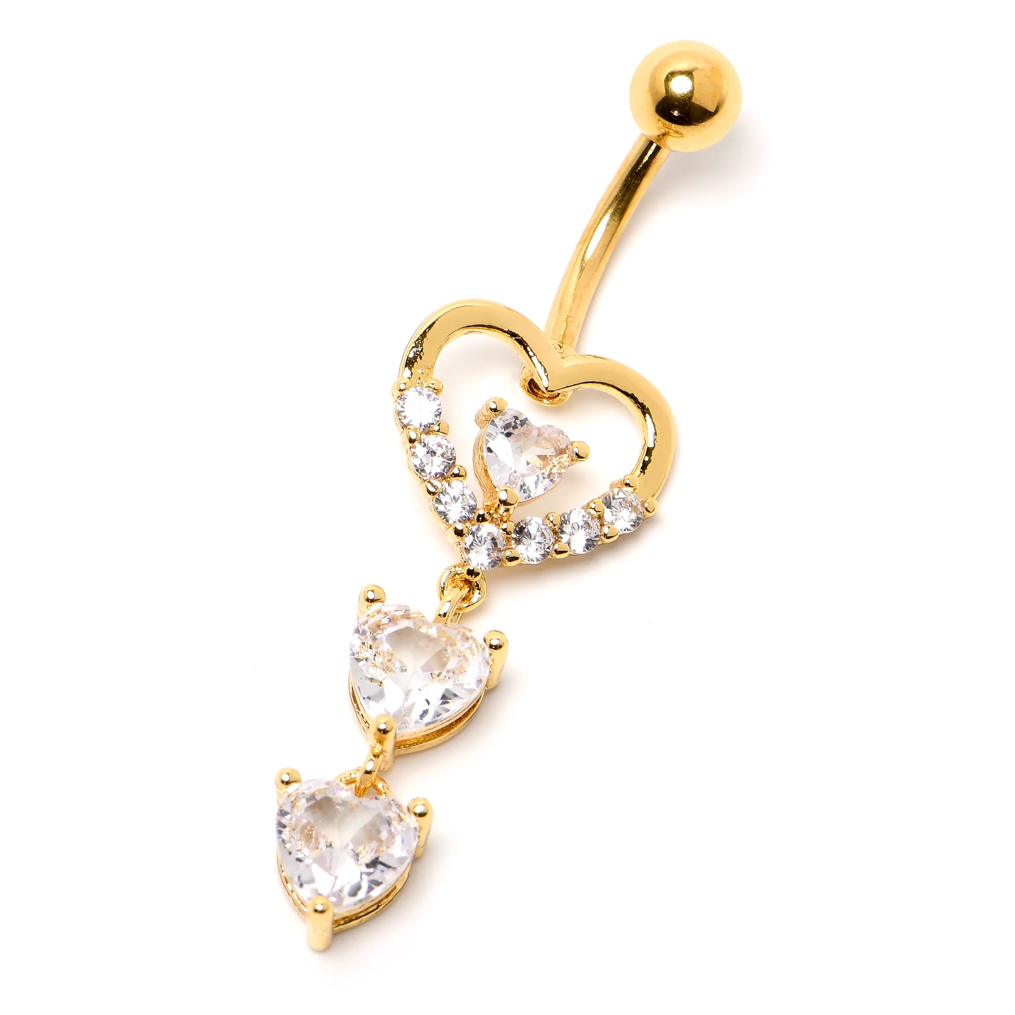 Clear CZ Gem Gold Tone Opulent Heart Quartet Dangle Belly Ring - Image 4