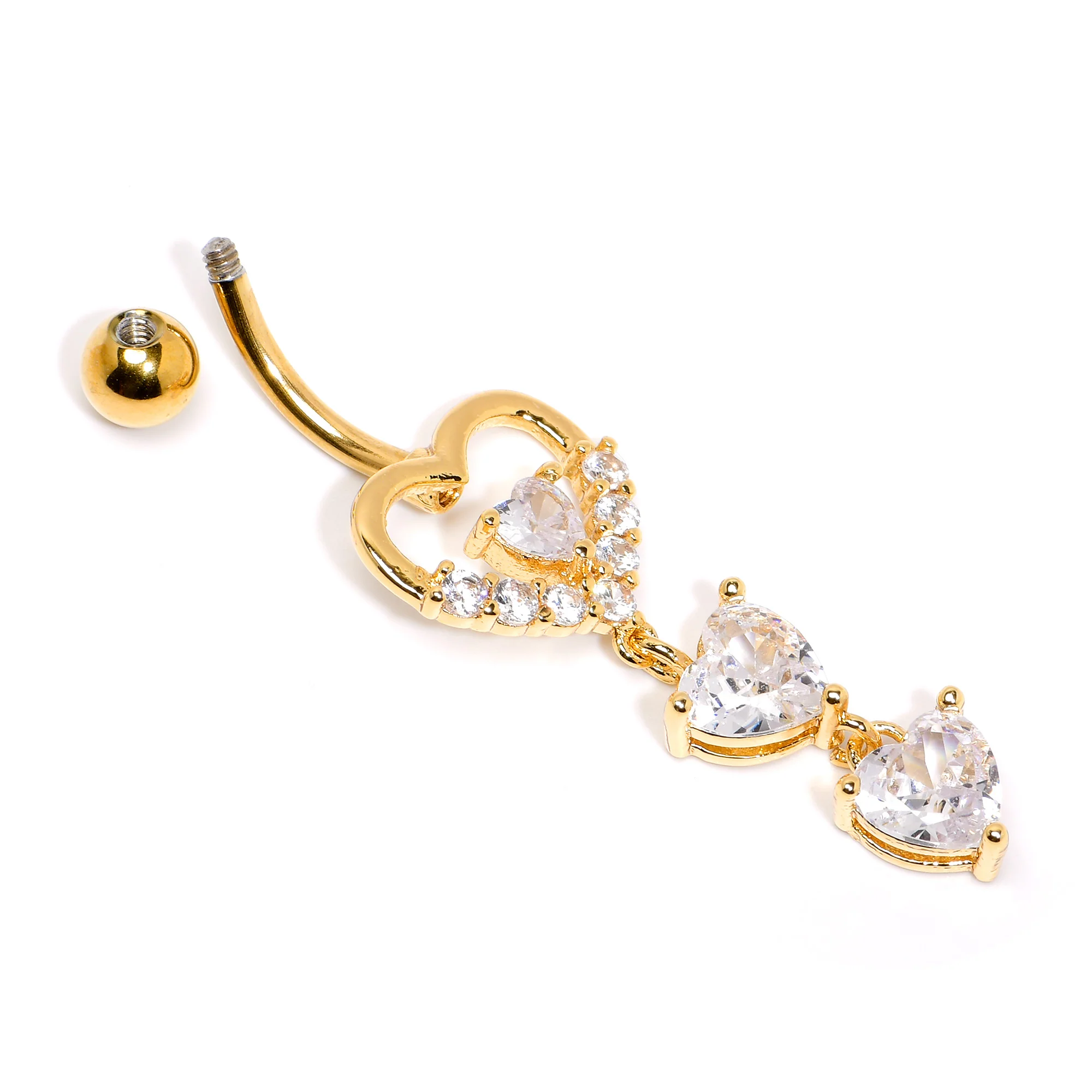 Clear CZ Gem Gold Tone Opulent Heart Quartet Dangle Belly Ring - Image 5