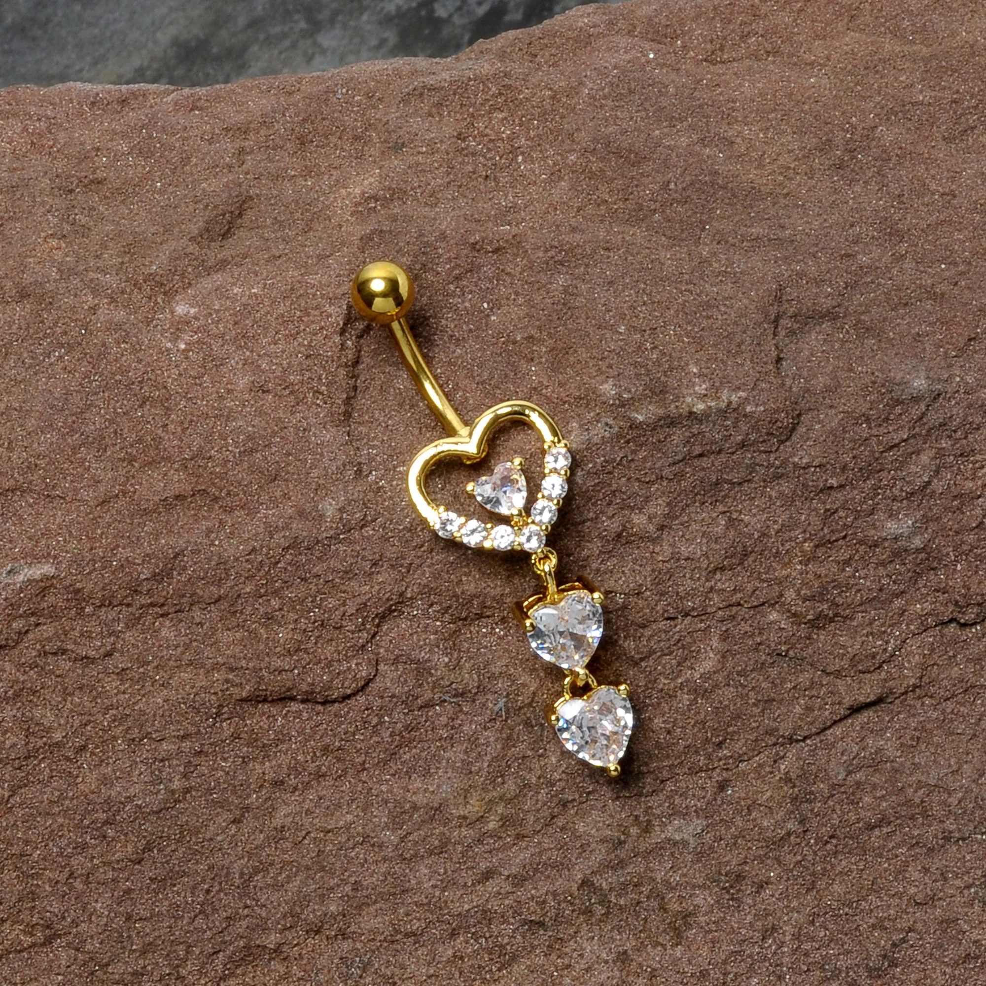 Clear CZ Gem Gold Tone Opulent Heart Quartet Dangle Belly Ring - Image 6