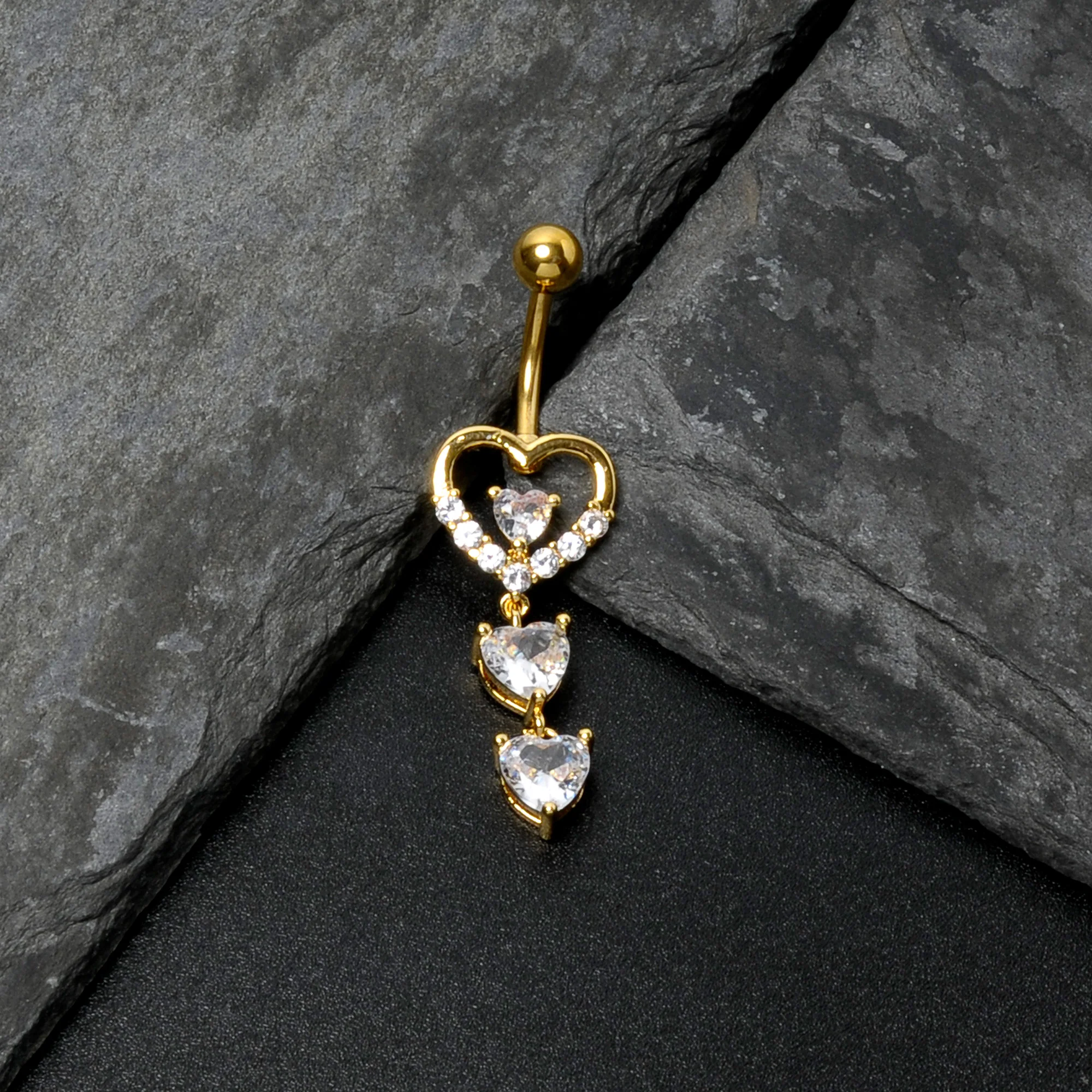 Clear CZ Gem Gold Tone Opulent Heart Quartet Dangle Belly Ring - Image 7