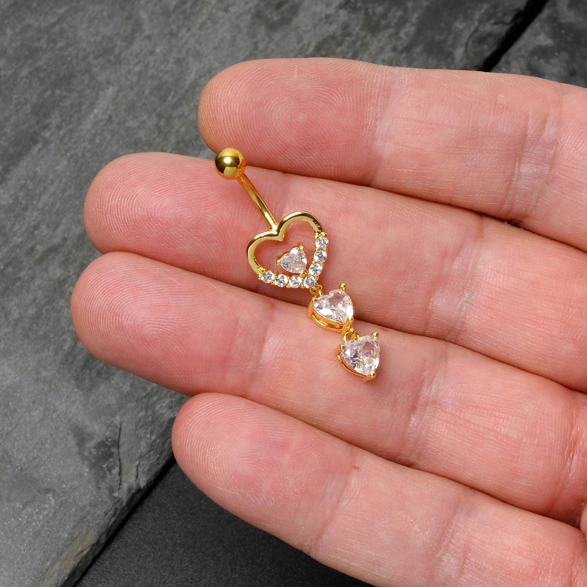 Clear CZ Gem Gold Tone Opulent Heart Quartet Dangle Belly Ring - Image 8