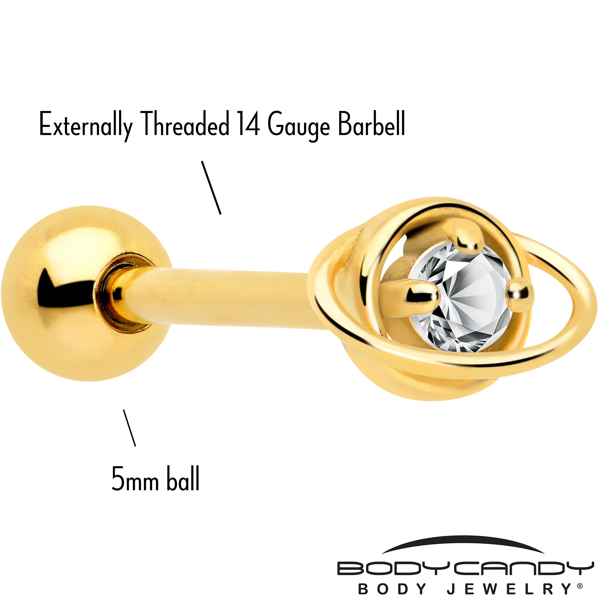 Clear CZ Gem Gold Tone Stylish Saturn Barbell Tongue Ring - Image 2