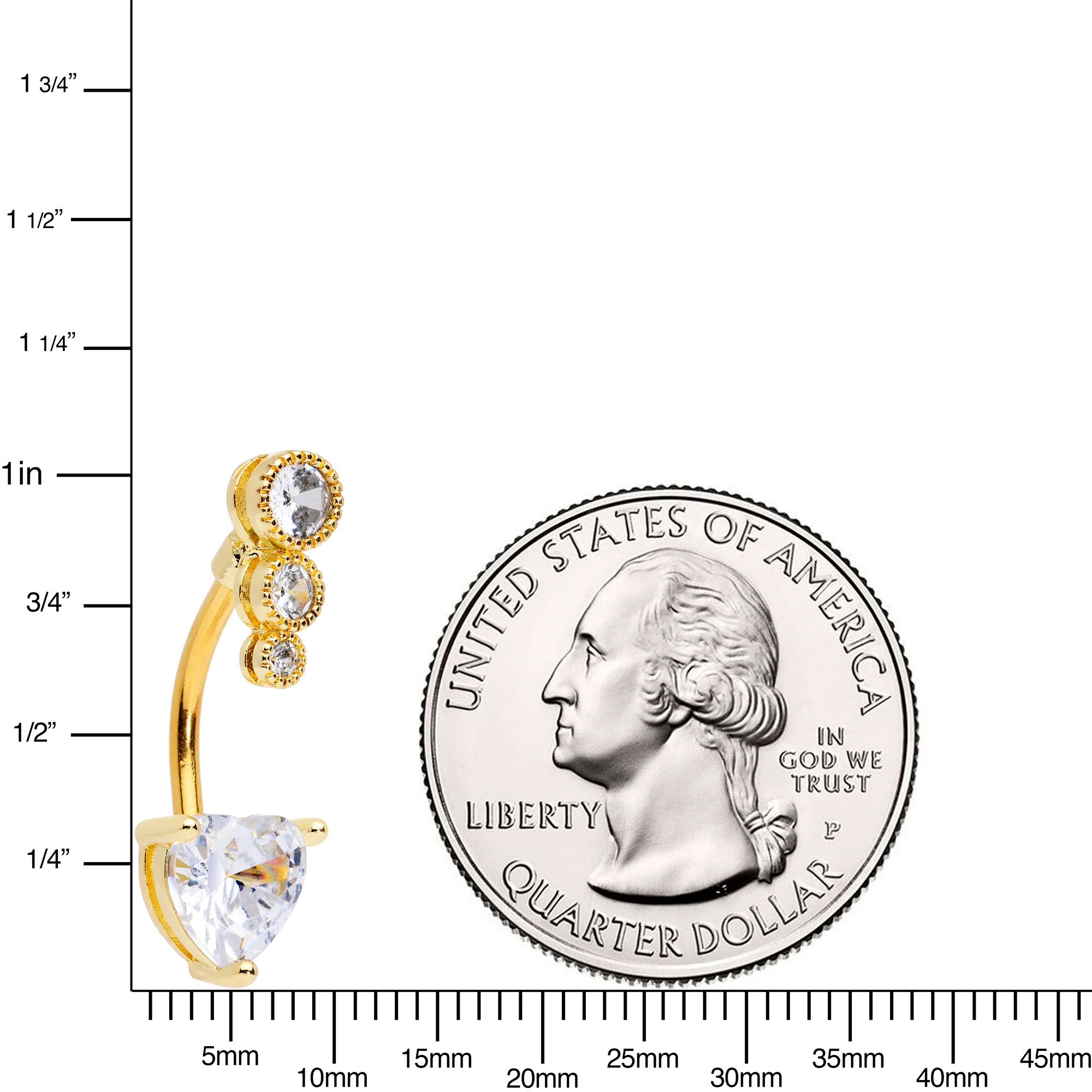 Clear CZ Gem Gold Tone Triple Drop Heart Belly Ring - Image 2