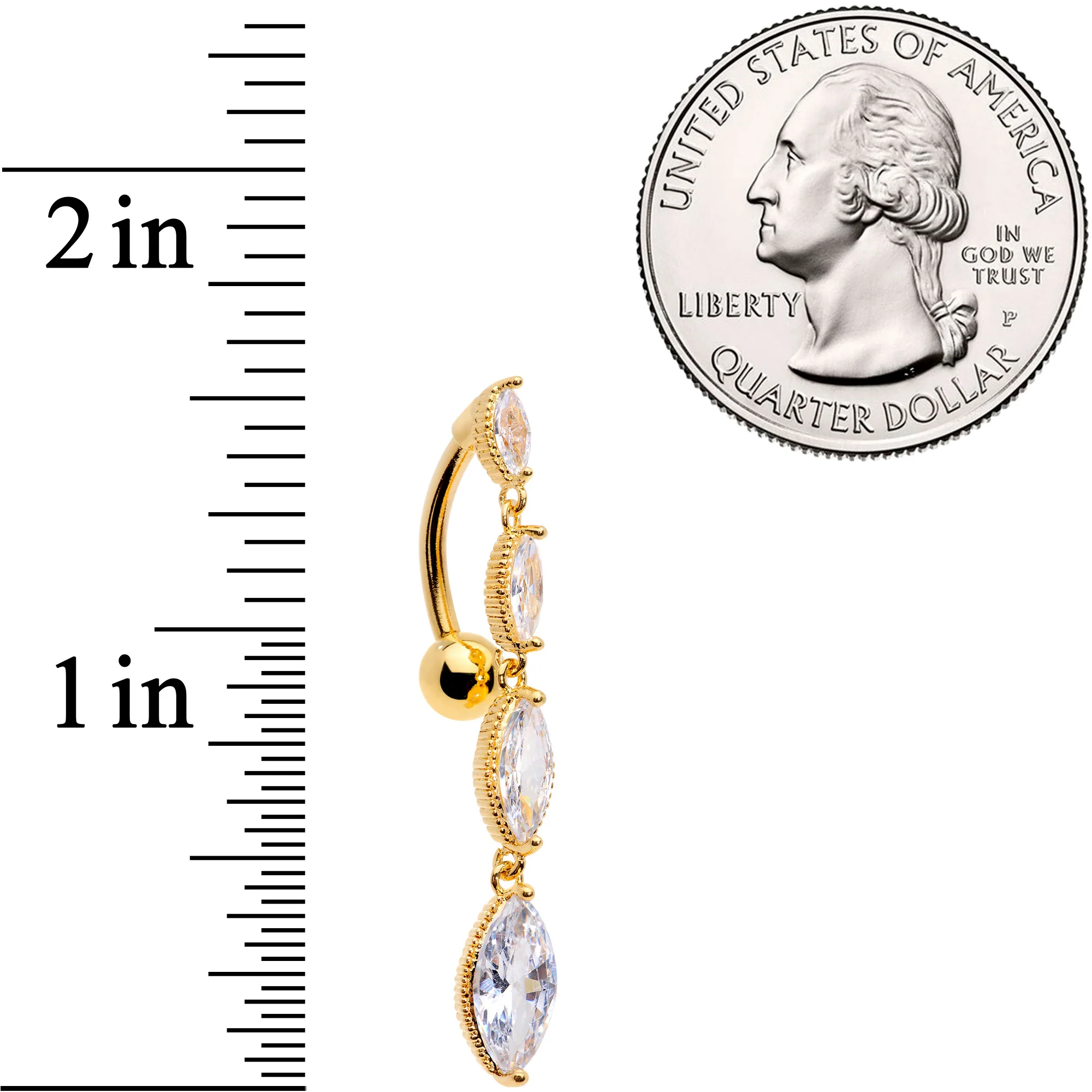 Clear CZ Gem Gold Tone Waterfall Dangle Top Mount Belly Ring - Image 4