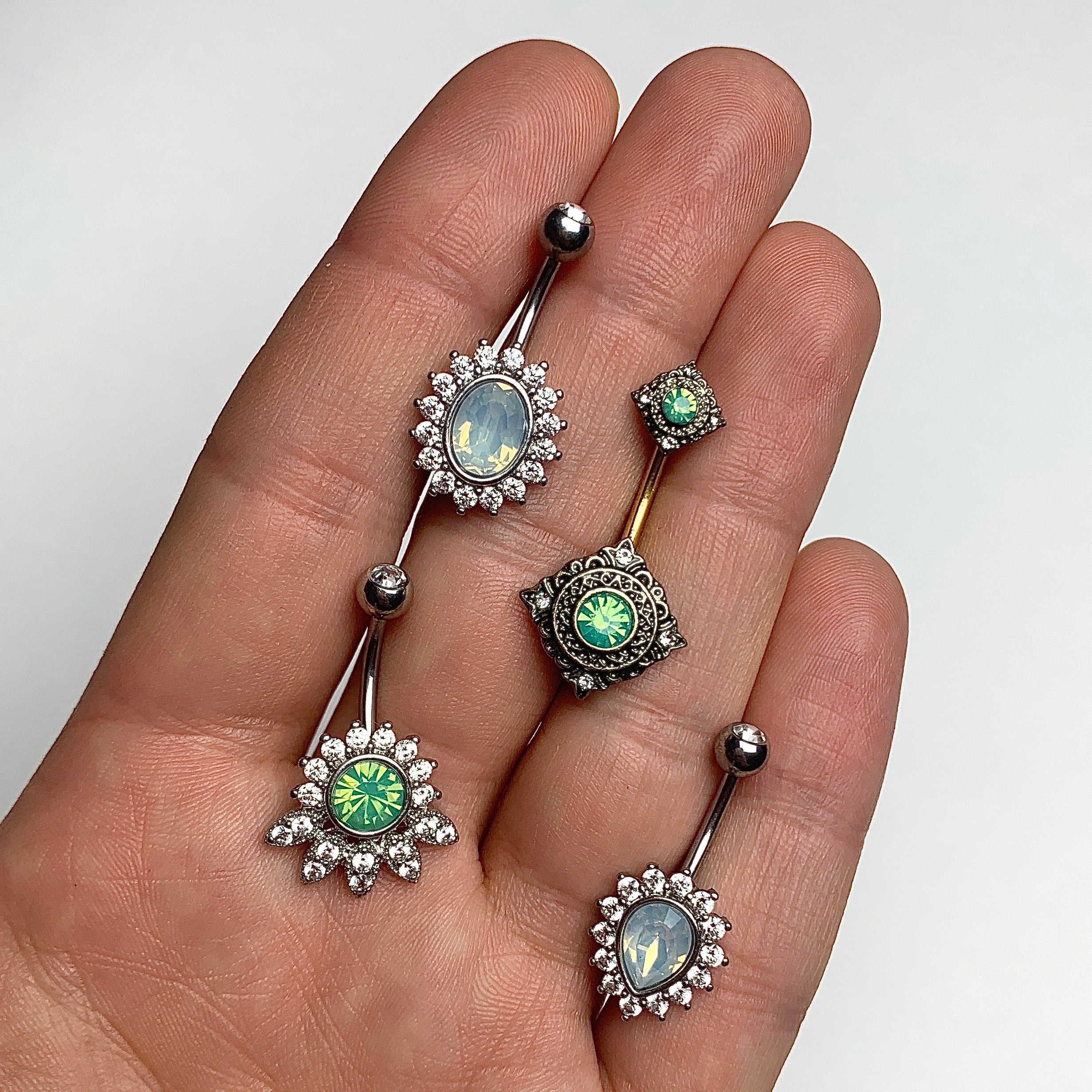 Clear CZ Gem Green Faux Opal Diadem Belly Ring - Image 2