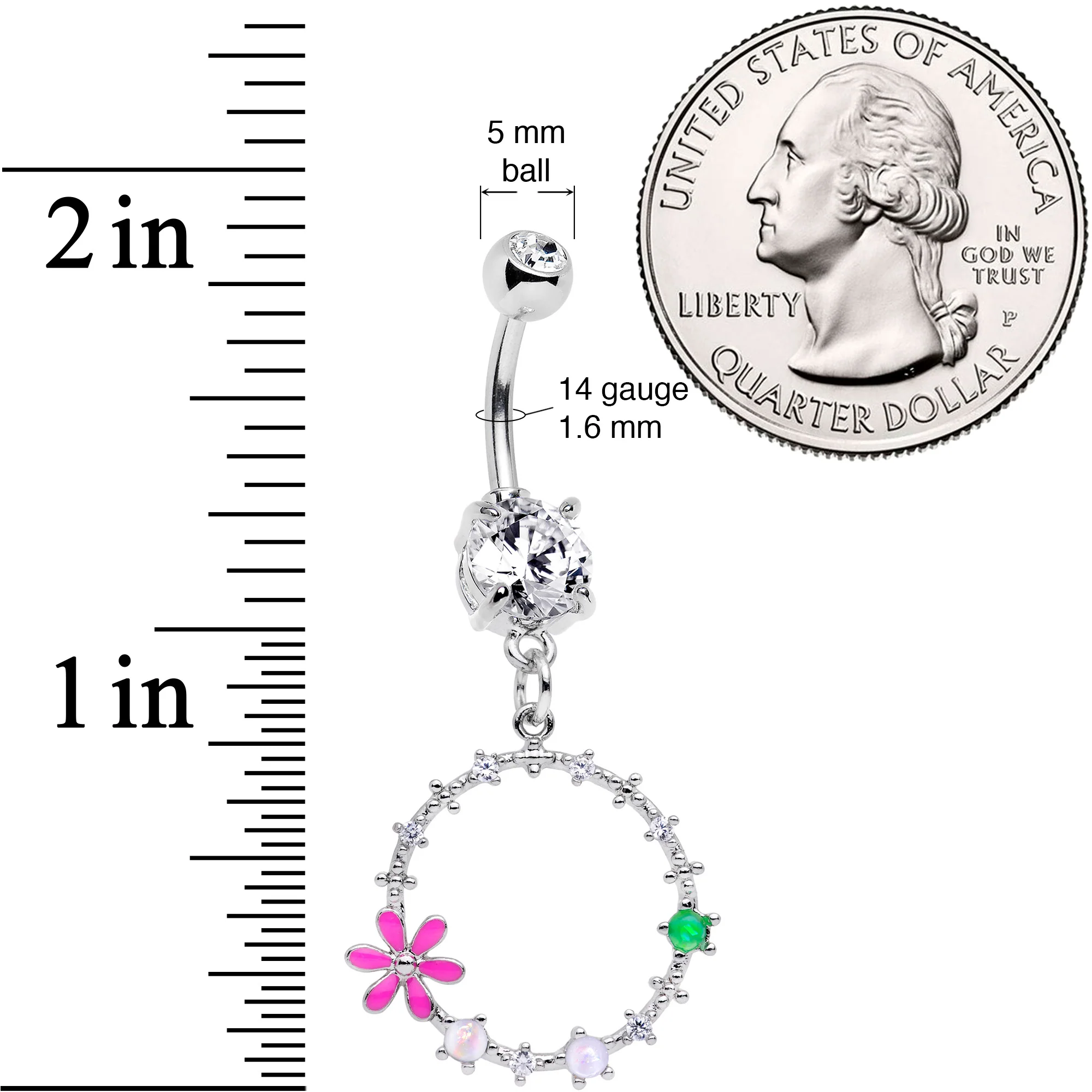 Clear CZ Gem Green Pink Faux Opal Loop Flower Dangle Belly Ring - Image 2