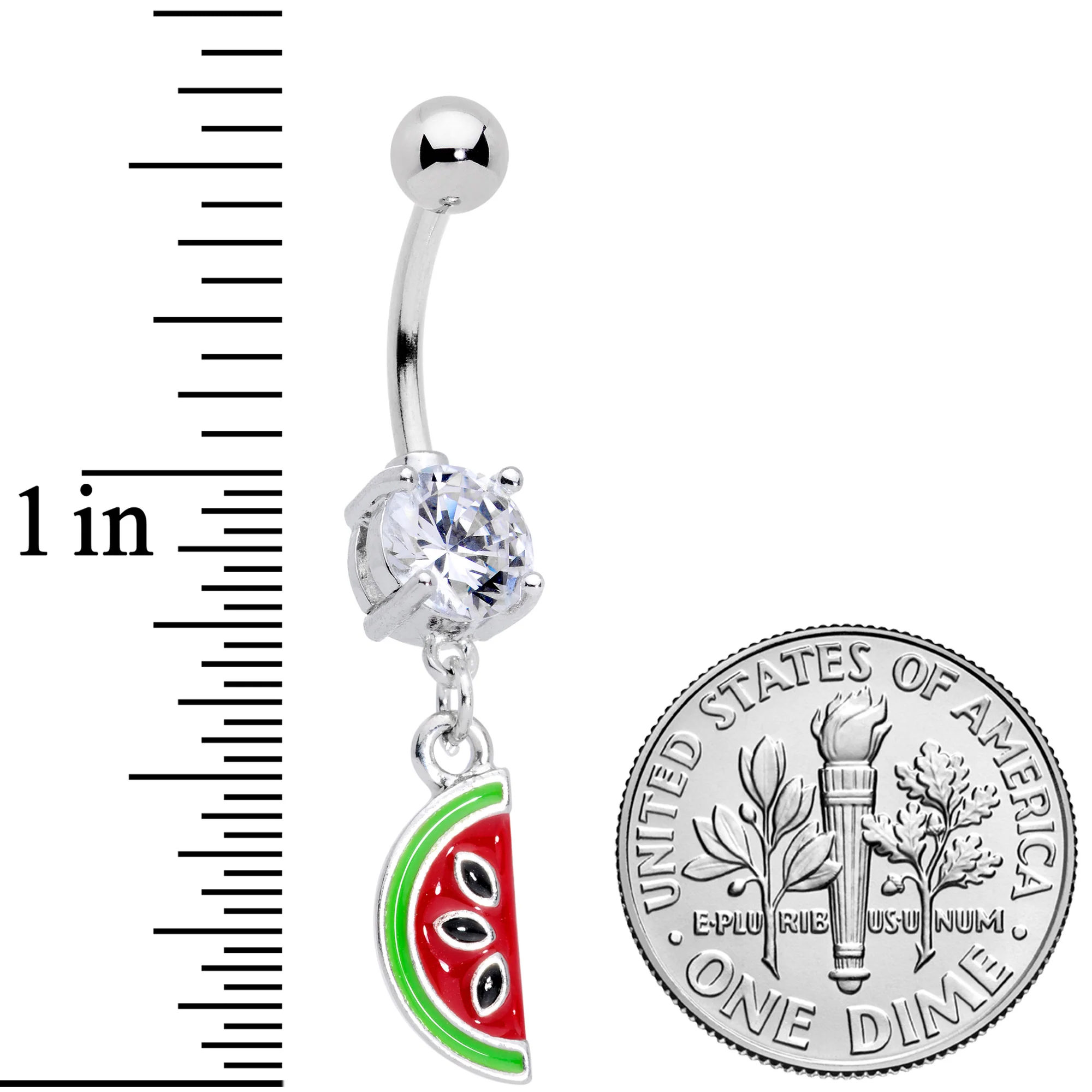 Clear CZ Gem Green Red Watermelon Dangle Belly Ring - Image 2