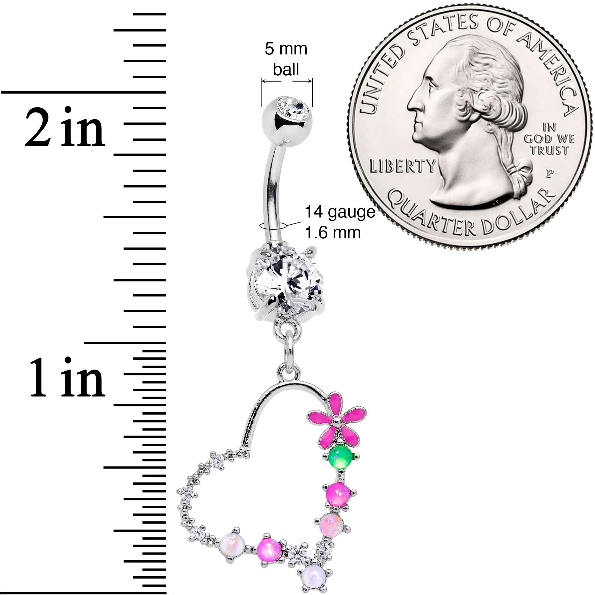 Clear CZ Gem Green White Faux Opal Flower Heart Dangle Belly Ring - Image 2
