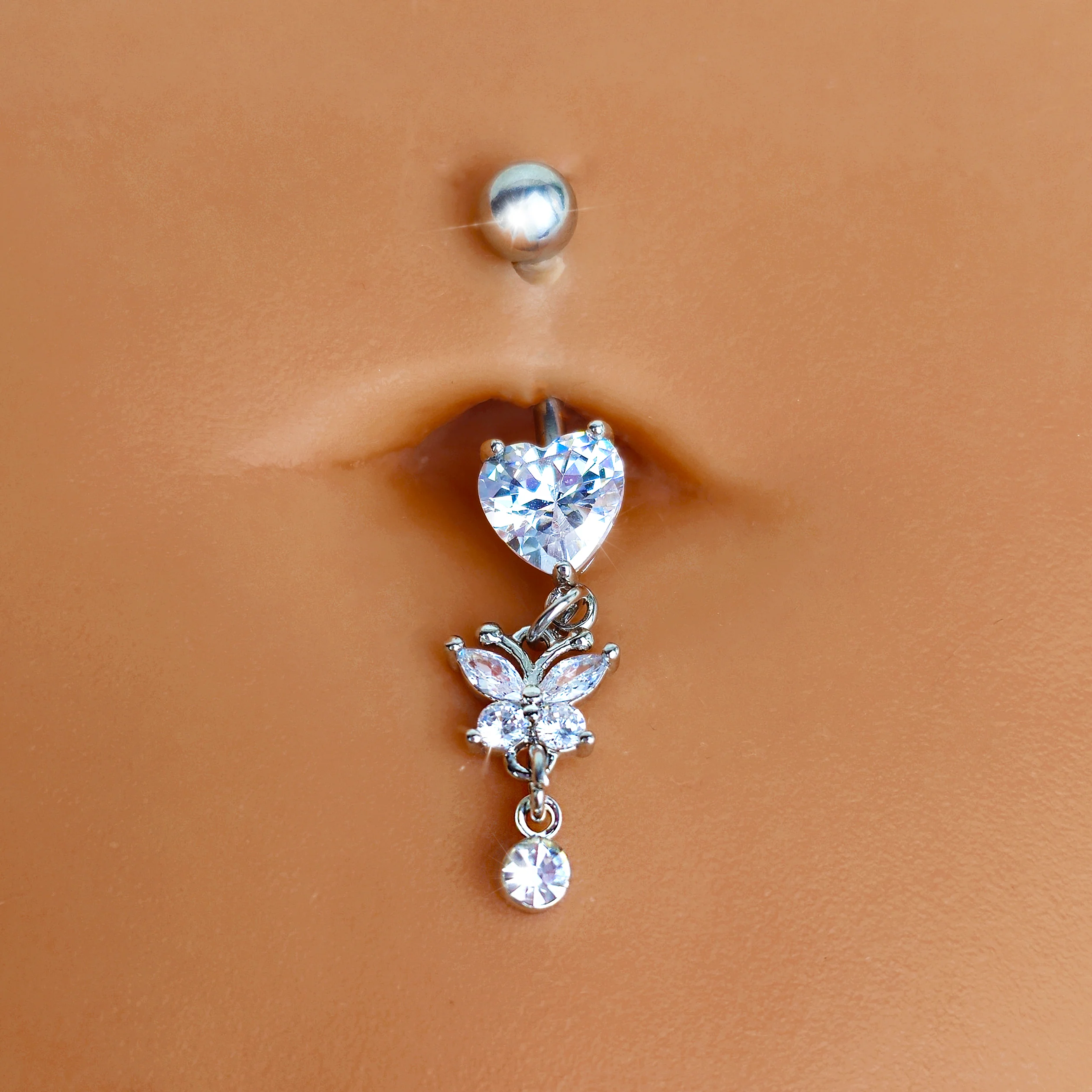 Clear CZ Gem Heart For Butterfly Dangle Belly Ring - Image 2