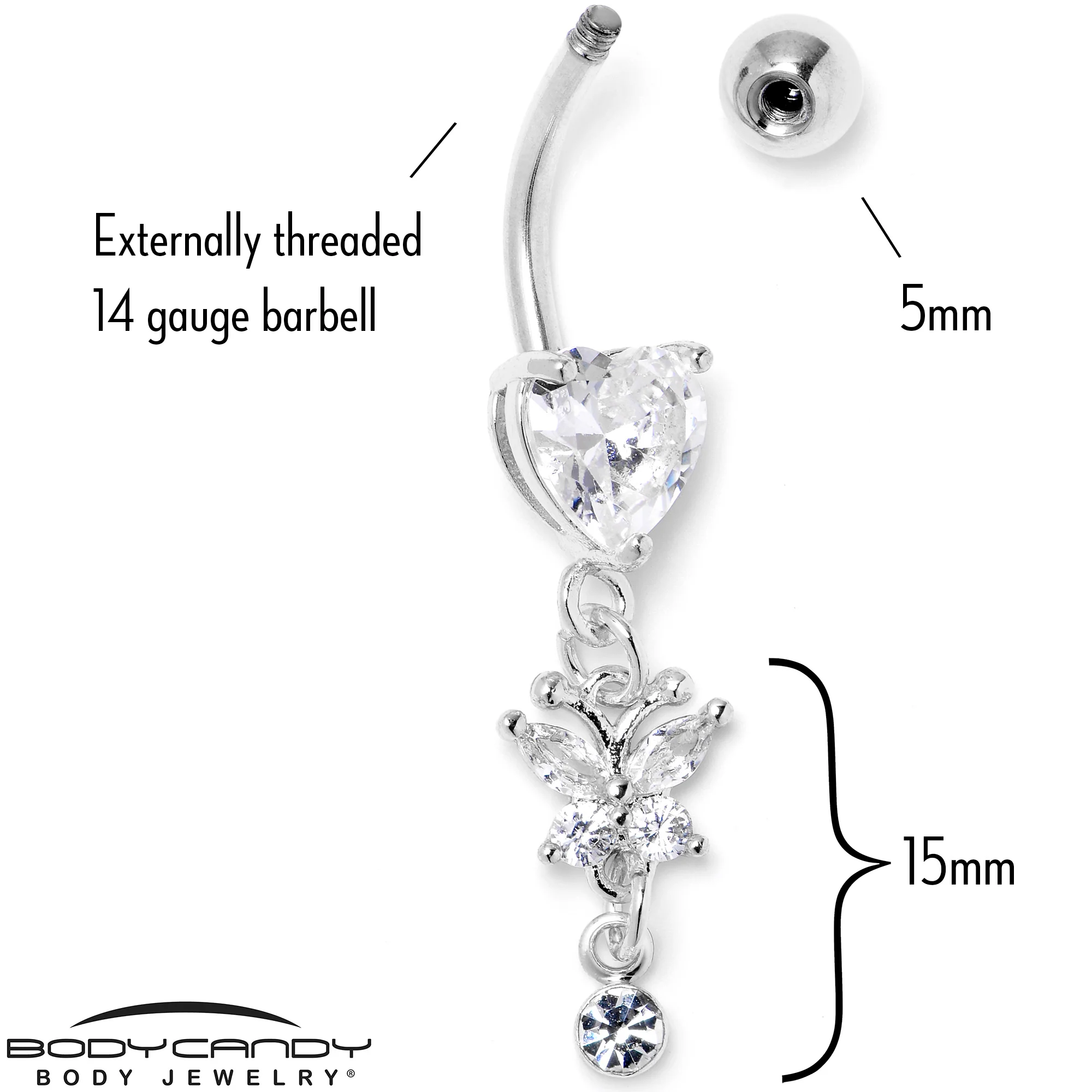 Clear CZ Gem Heart For Butterfly Dangle Belly Ring - Image 4