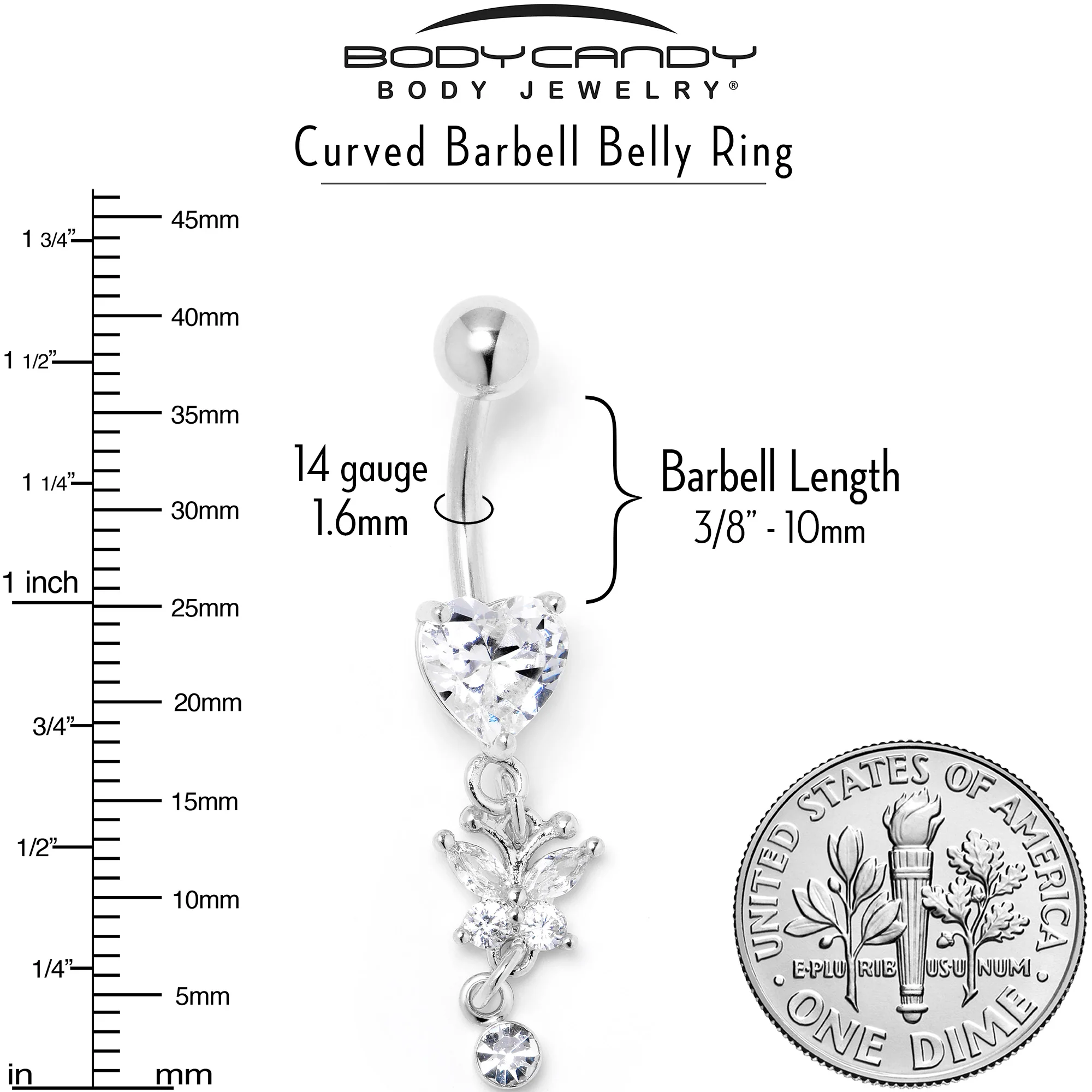 Clear CZ Gem Heart For Butterfly Dangle Belly Ring - Image 5
