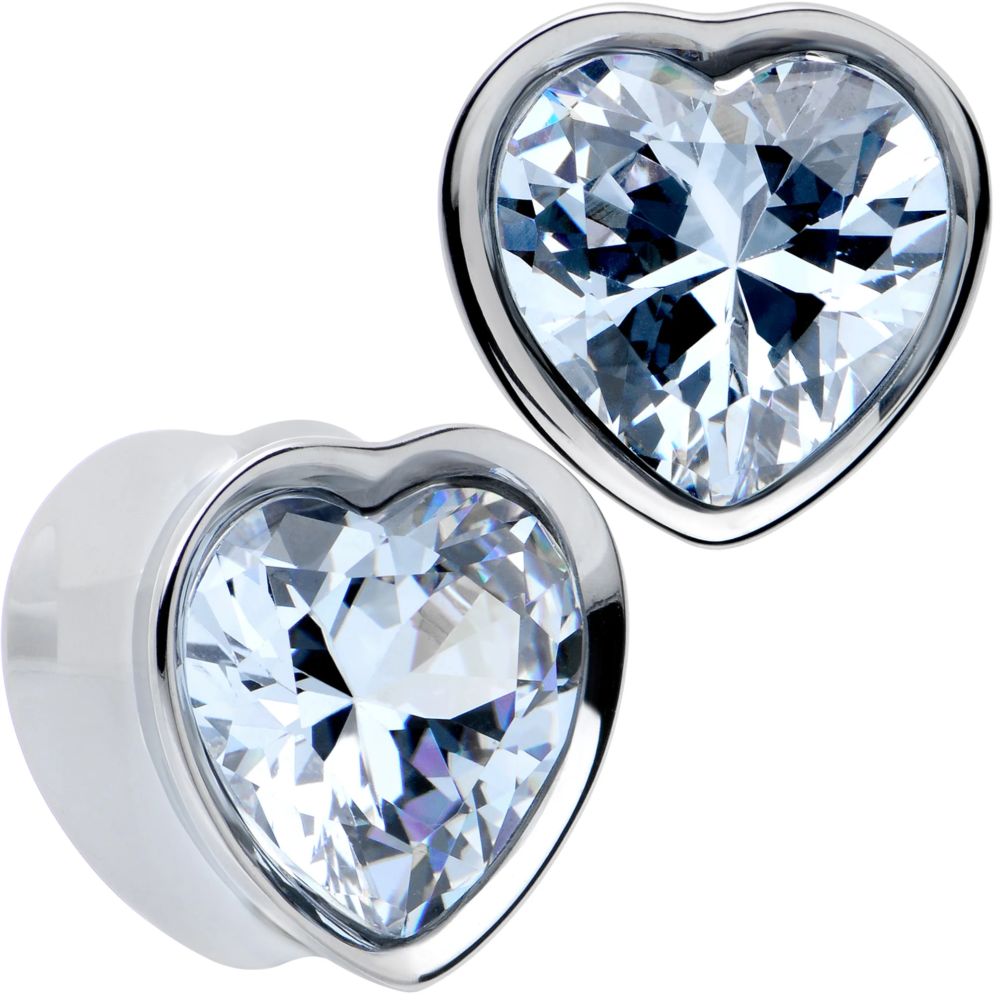 Stainless Steel CZ Gem Heart In Heart Double Flare Plug Set 8mm to 16mm - Image 13
