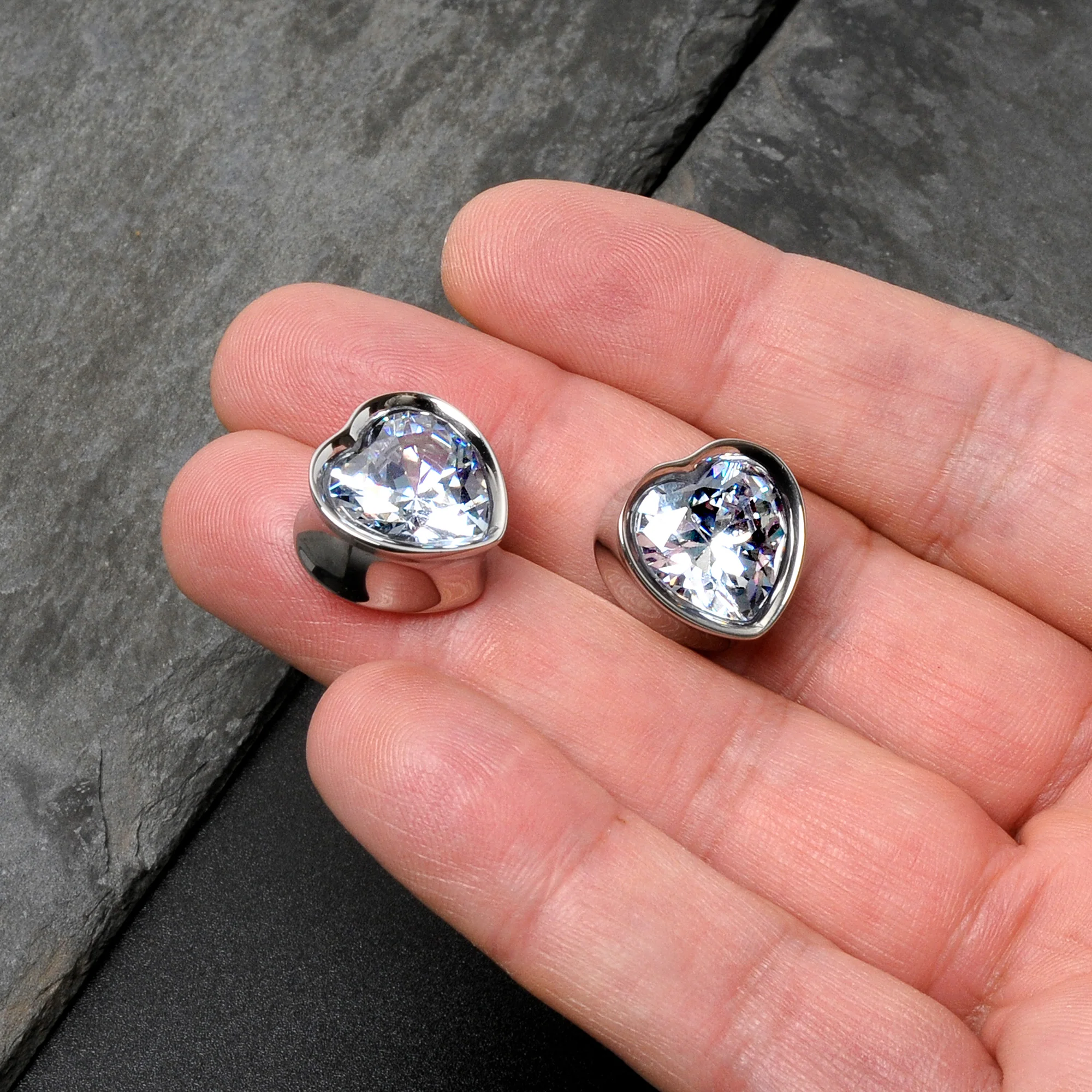 Stainless Steel CZ Gem Heart In Heart Double Flare Plug Set 8mm to 16mm - Image 8