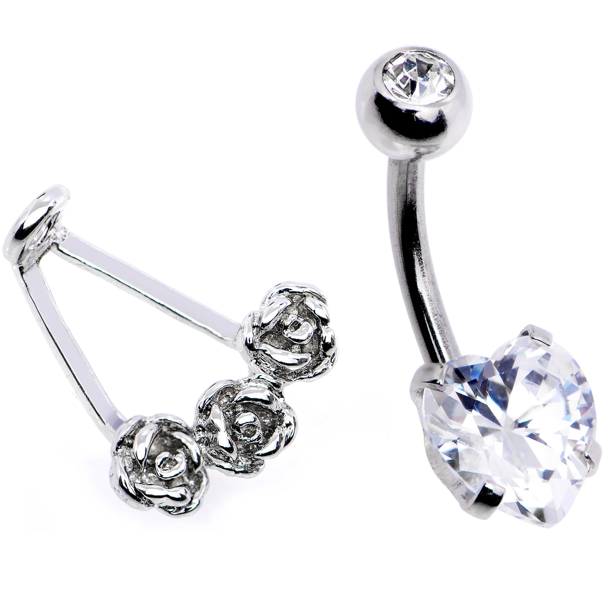 Clear CZ Gem Heart Kissed Rose Flower Dangle Belly Ring - Image 3