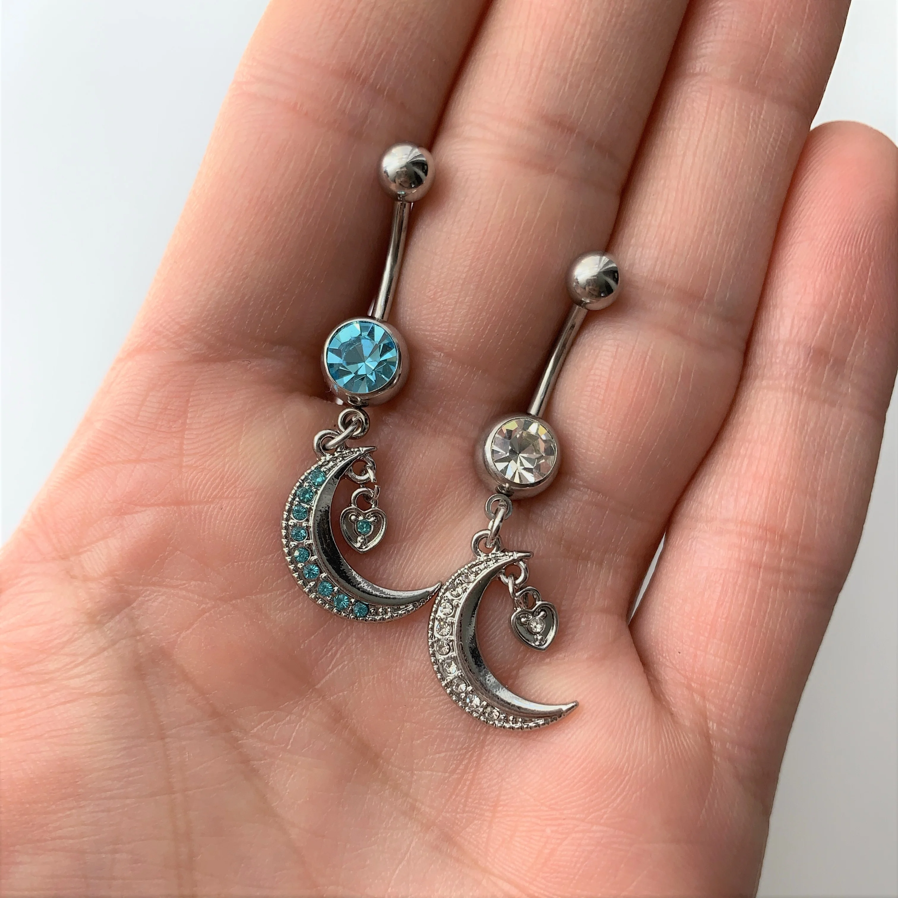 Clear CZ Gem Heart Padlock Crescent Moon Dangle Belly Ring - Image 2