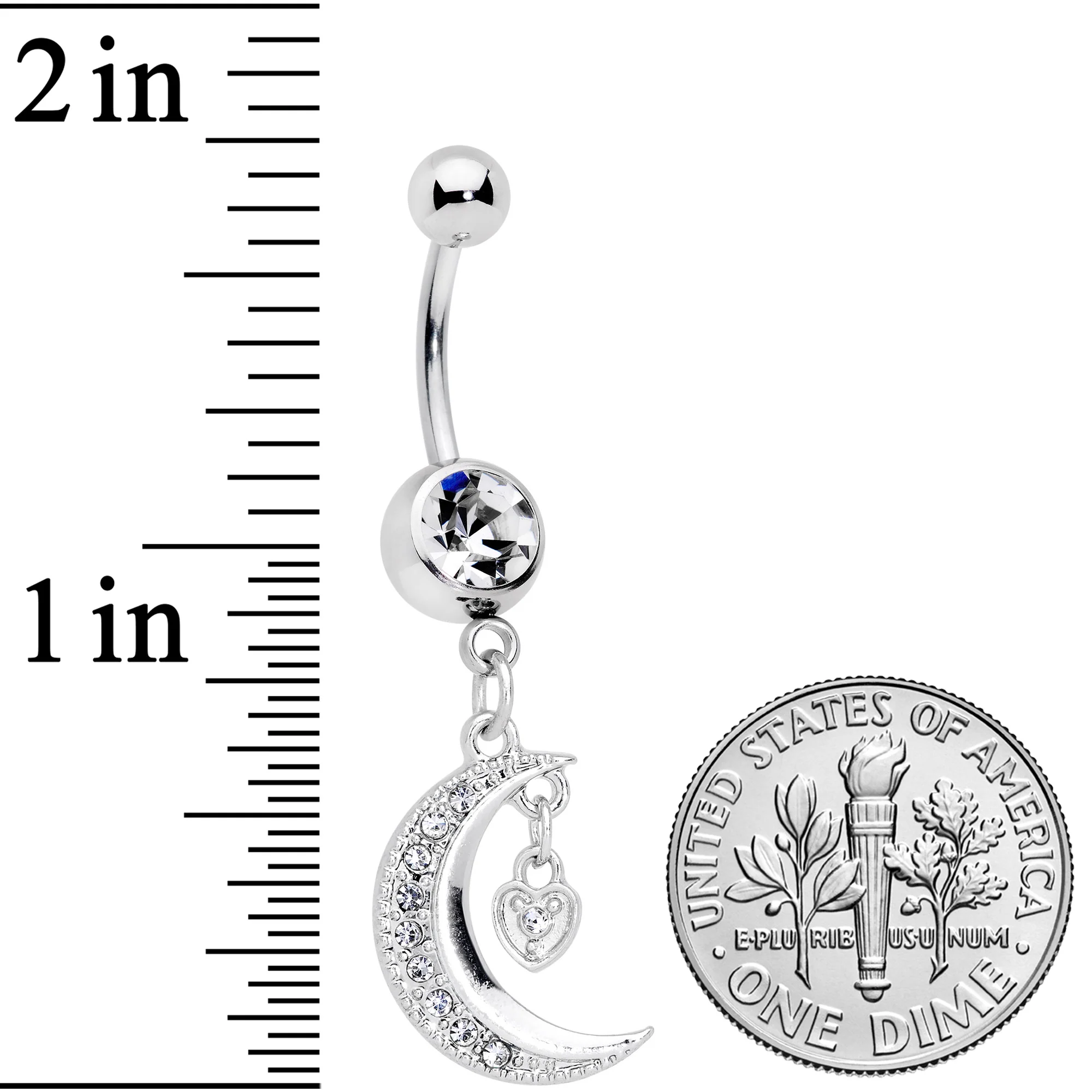 Clear CZ Gem Heart Padlock Crescent Moon Dangle Belly Ring - Image 3