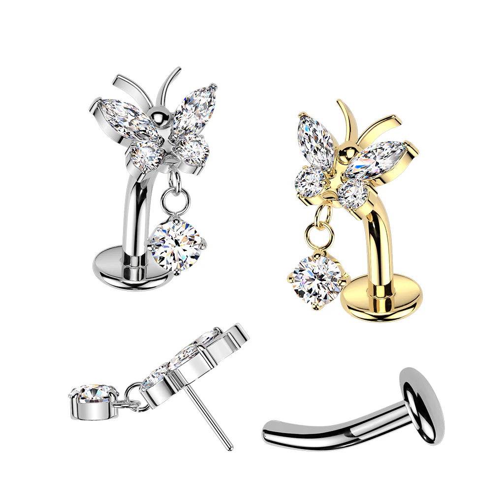 Clear CZ Gem Implant Grade Titanium Butterfly Threadless Dangle Floating Belly Ring
