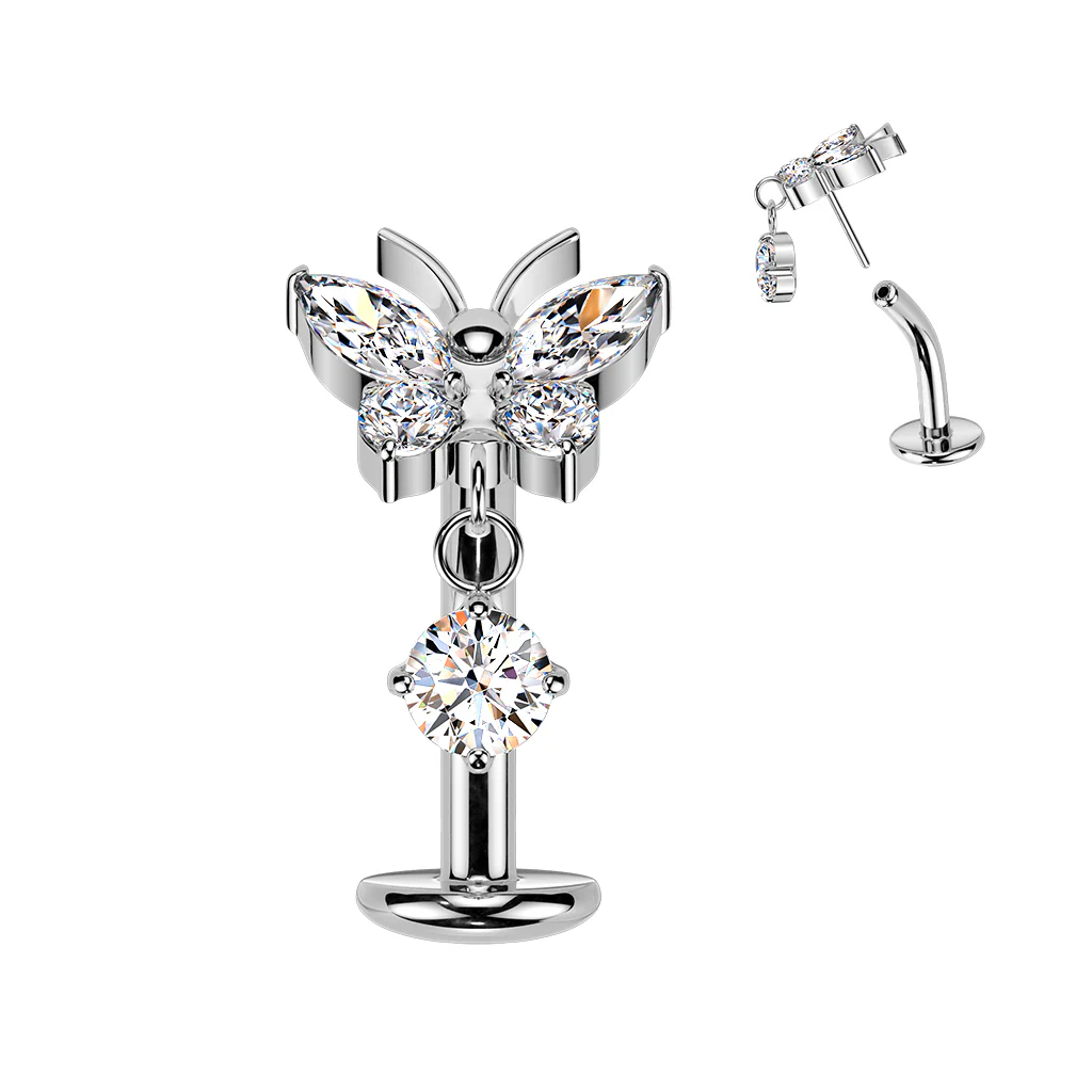 Clear CZ Gem Implant Grade Titanium Butterfly Threadless Dangle Floating Belly Ring - Image 2